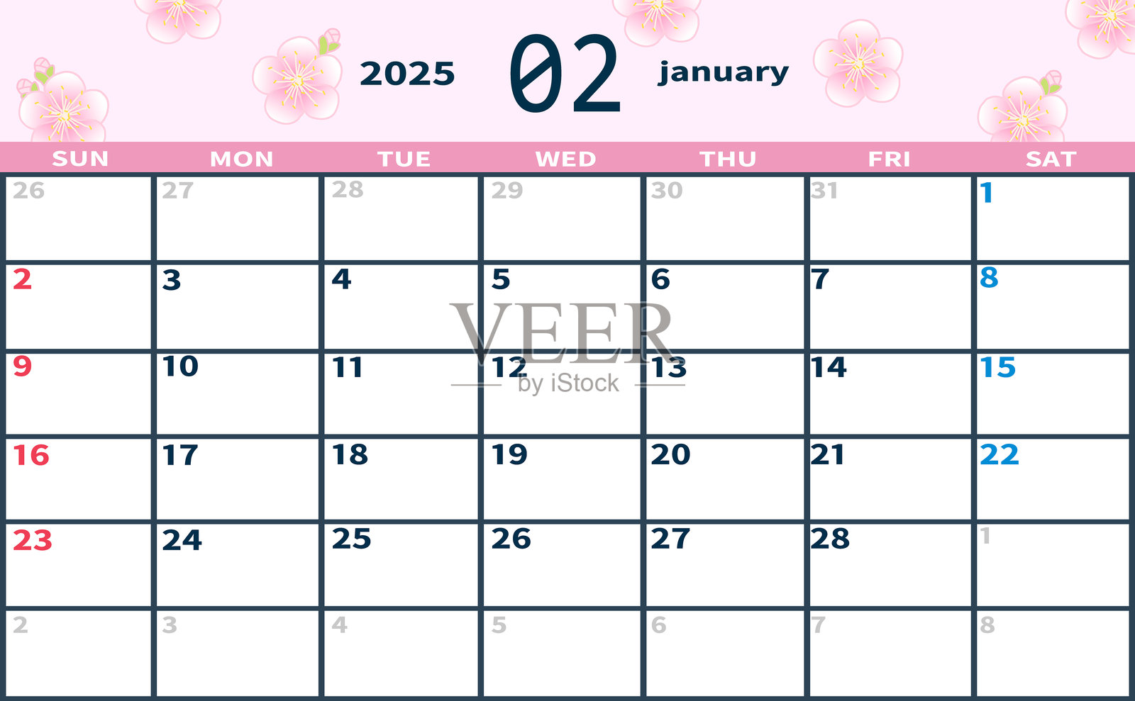 2025年2月的月历插画图片素材