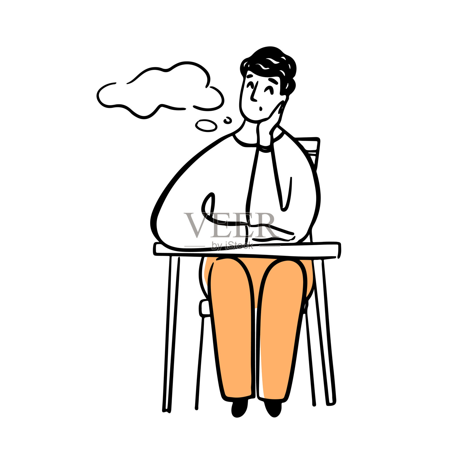 在桌子旁思考问题解决方案的工人或学生。矢量平面卡通角色，带有思考气泡，涂鸦风格，男孩在学校或工作中进行头脑风暴寻找新想法。插画图片素材