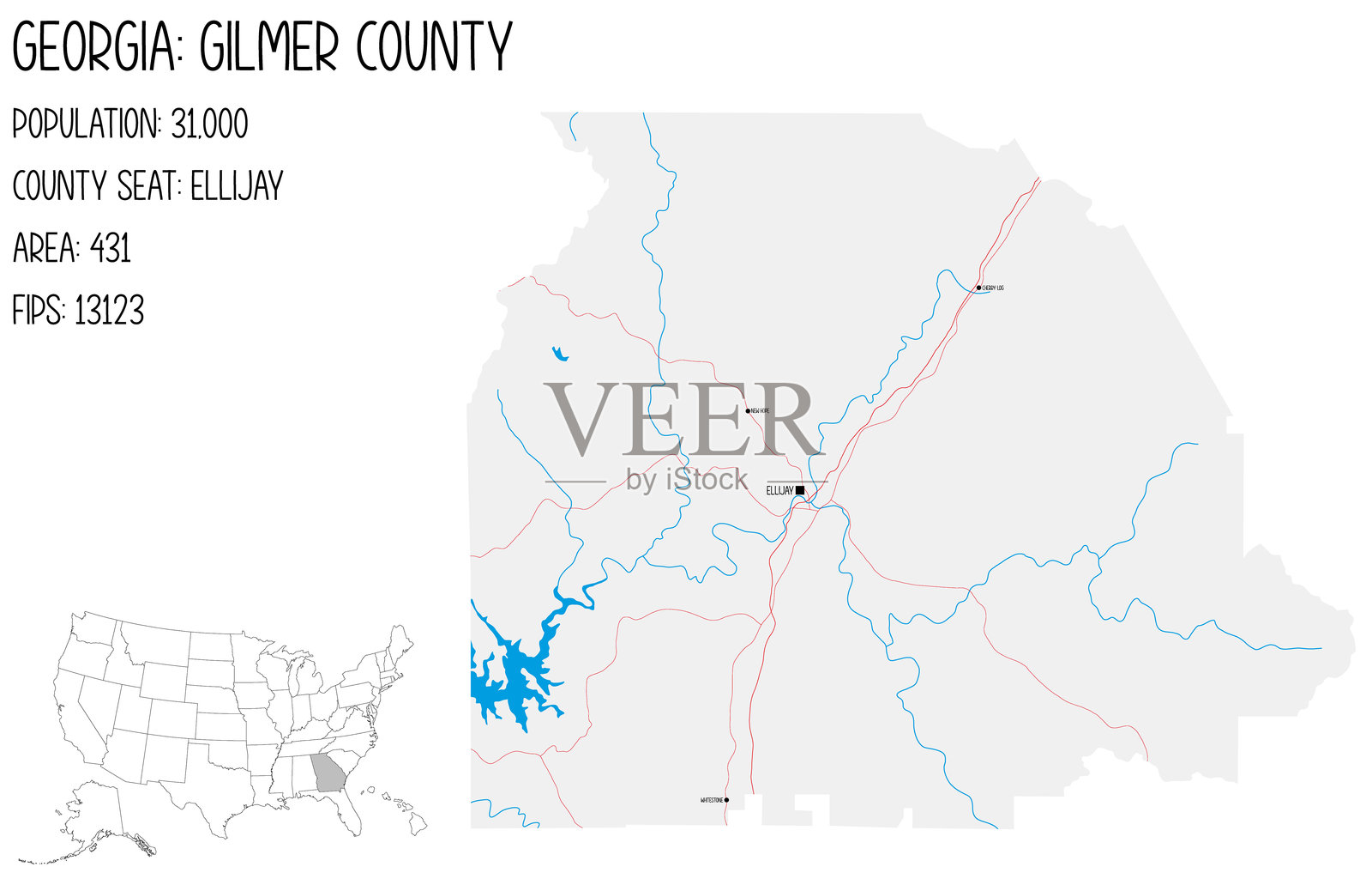 美国乔治亚州吉尔默县的大型详细地图。插画图片素材