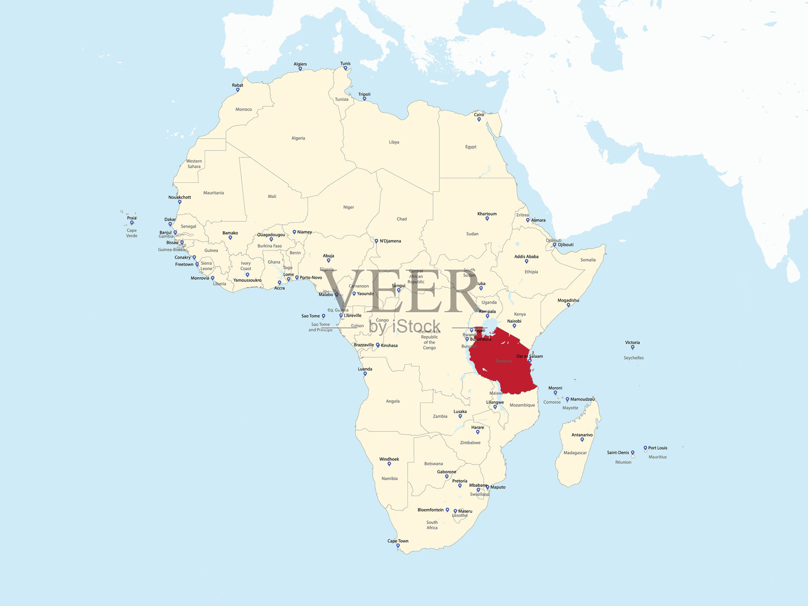 坦桑尼亚的国家地图位于非洲大陆内部插画图片素材