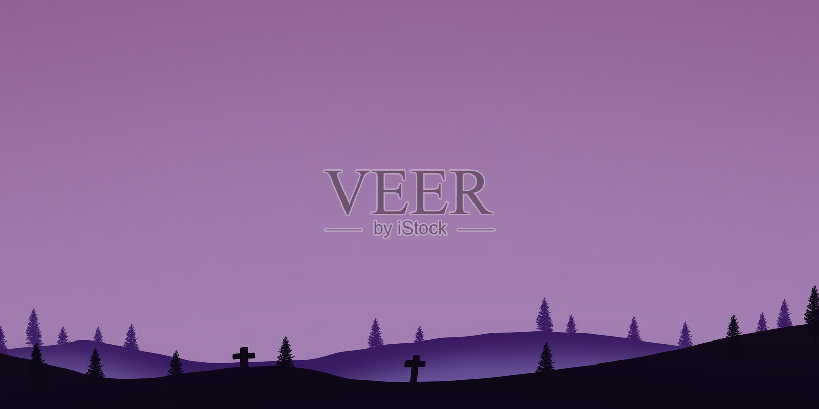 山丘上的墓地。万圣节背景，树木、墓碑和萤火虫。万圣节紫色、紫罗兰色模板。照片摄影图片