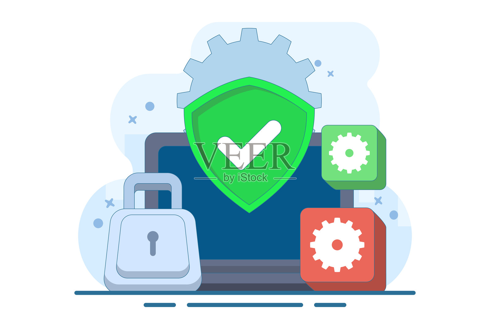 电脑安全概念，设备安全，带有锁和盾牌保护的PC，防火墙保护概念，隐私访问，个人数据，安全系统，扁平插图矢量模板。插画图片素材