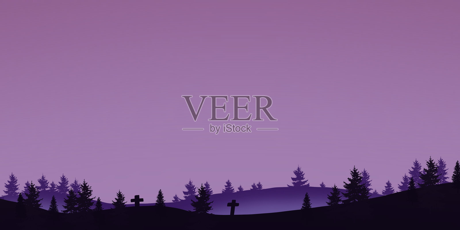 山丘上的墓地。带有树木、墓碑和萤火虫的万圣节背景。万圣节紫色、紫罗兰色模板。照片摄影图片