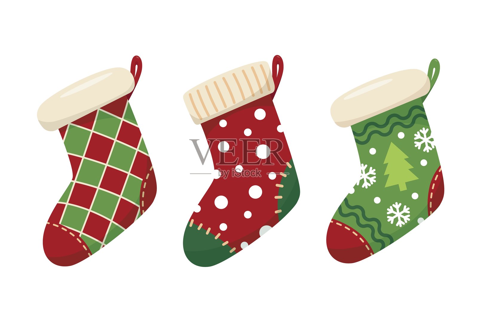 一套带有图案和装饰的圣诞袜。插画图片素材