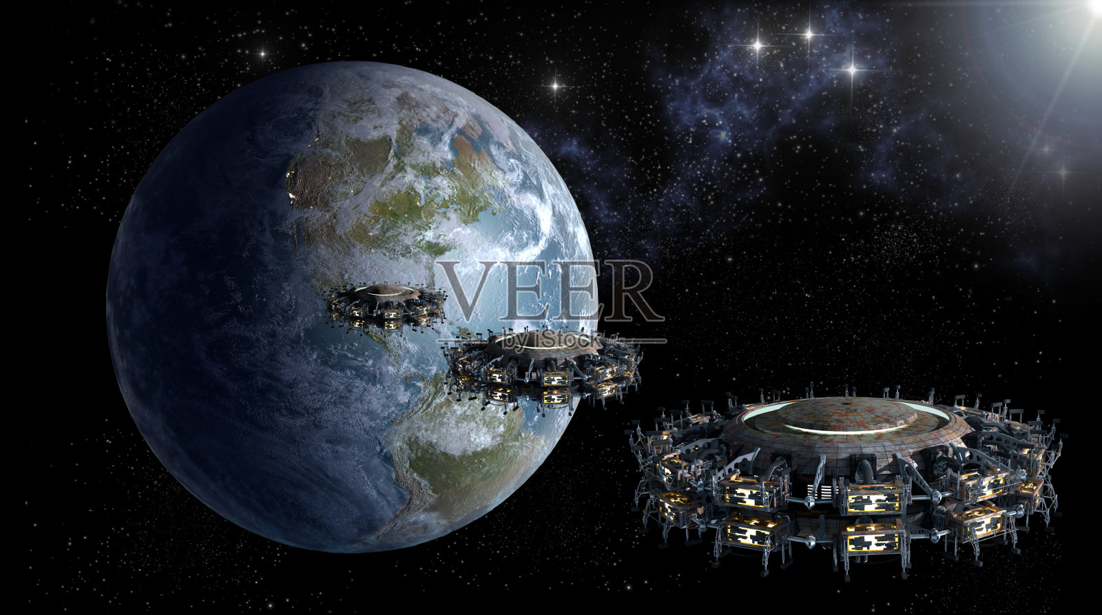 未来飞船接近地球照片摄影图片