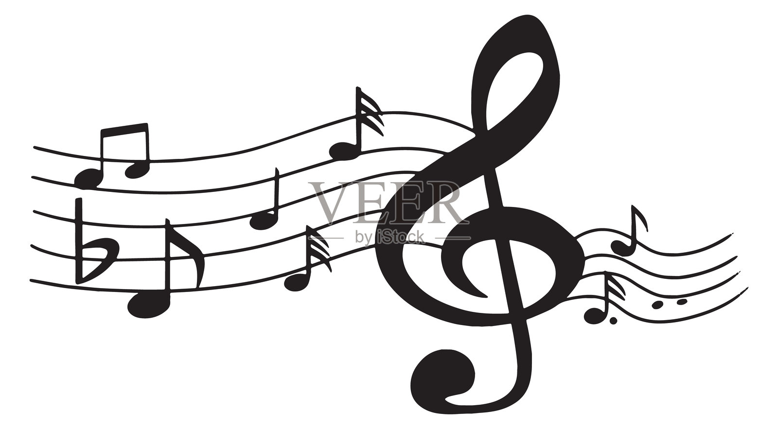 乐谱上的音符和高音谱号，波浪线透明背景上的旋律插画图片素材