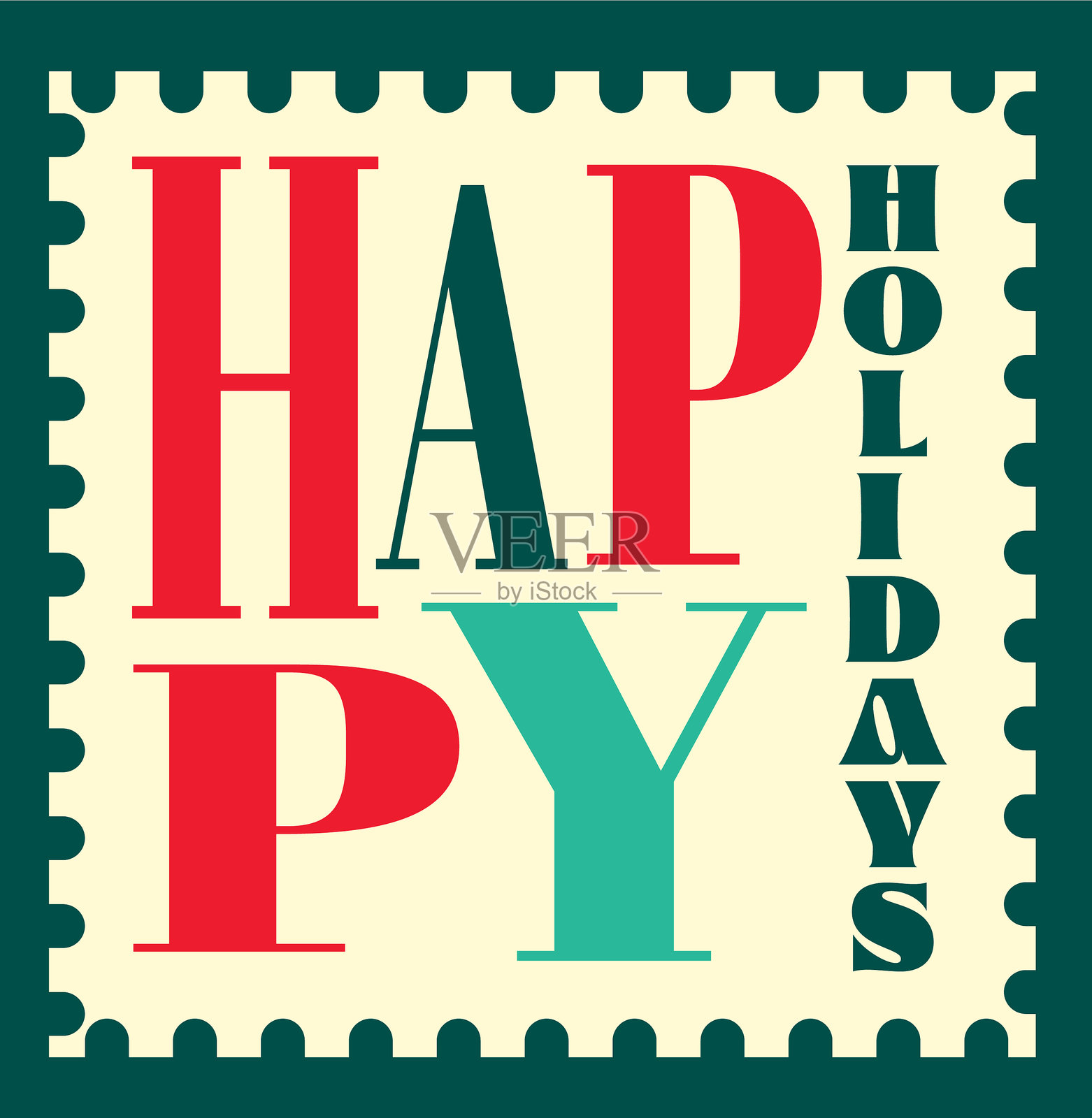 圣诞冬季邮票，带有“节日快乐”问候的排版设计插画图片素材