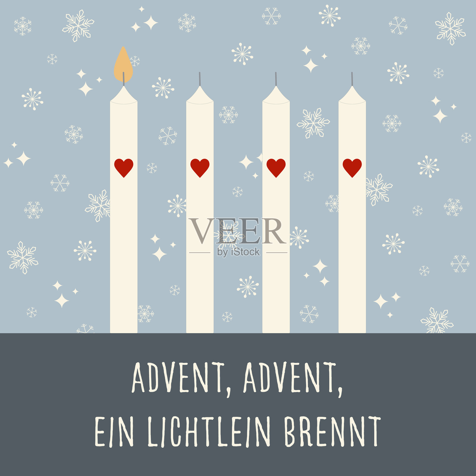 降临节，降临节，一盏小灯在燃烧 - 德语文本 - 降临节，降临节，一盏小灯在燃烧。方形贺卡，四根蜡烛前面有心形图案，背景是雪花。插画图片素材