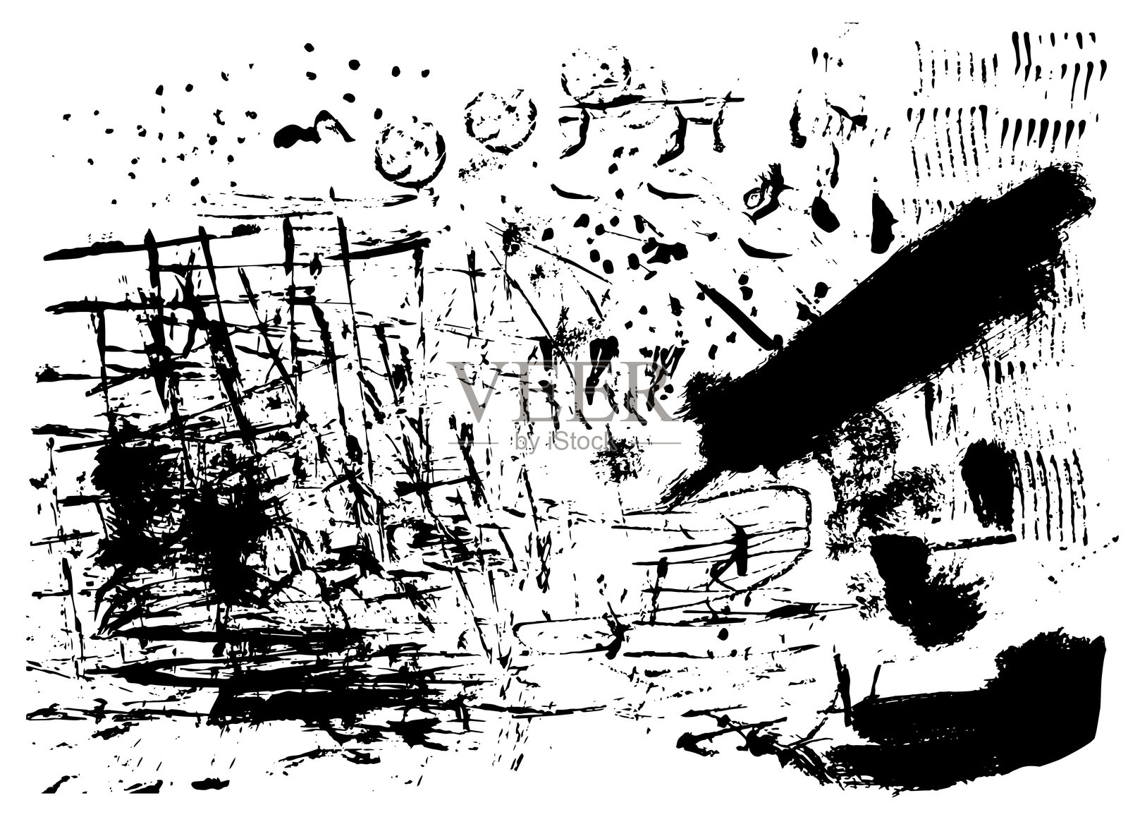 抽象的磨损墨水矢量纹理背景，杂乱的墨水刷痕、印章、污渍和纸上的痕迹插画图片素材