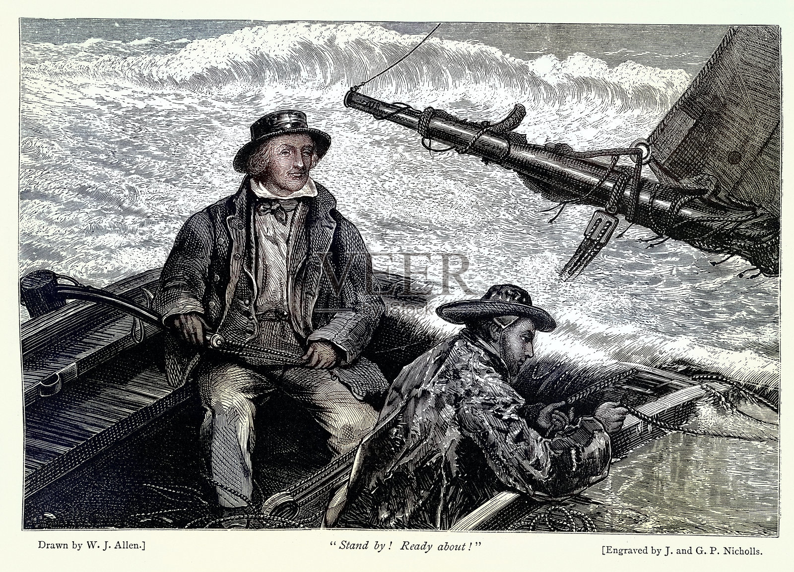 海上垂钓的渔民素描，航行，19世纪维多利亚时代的复古插图照片摄影图片