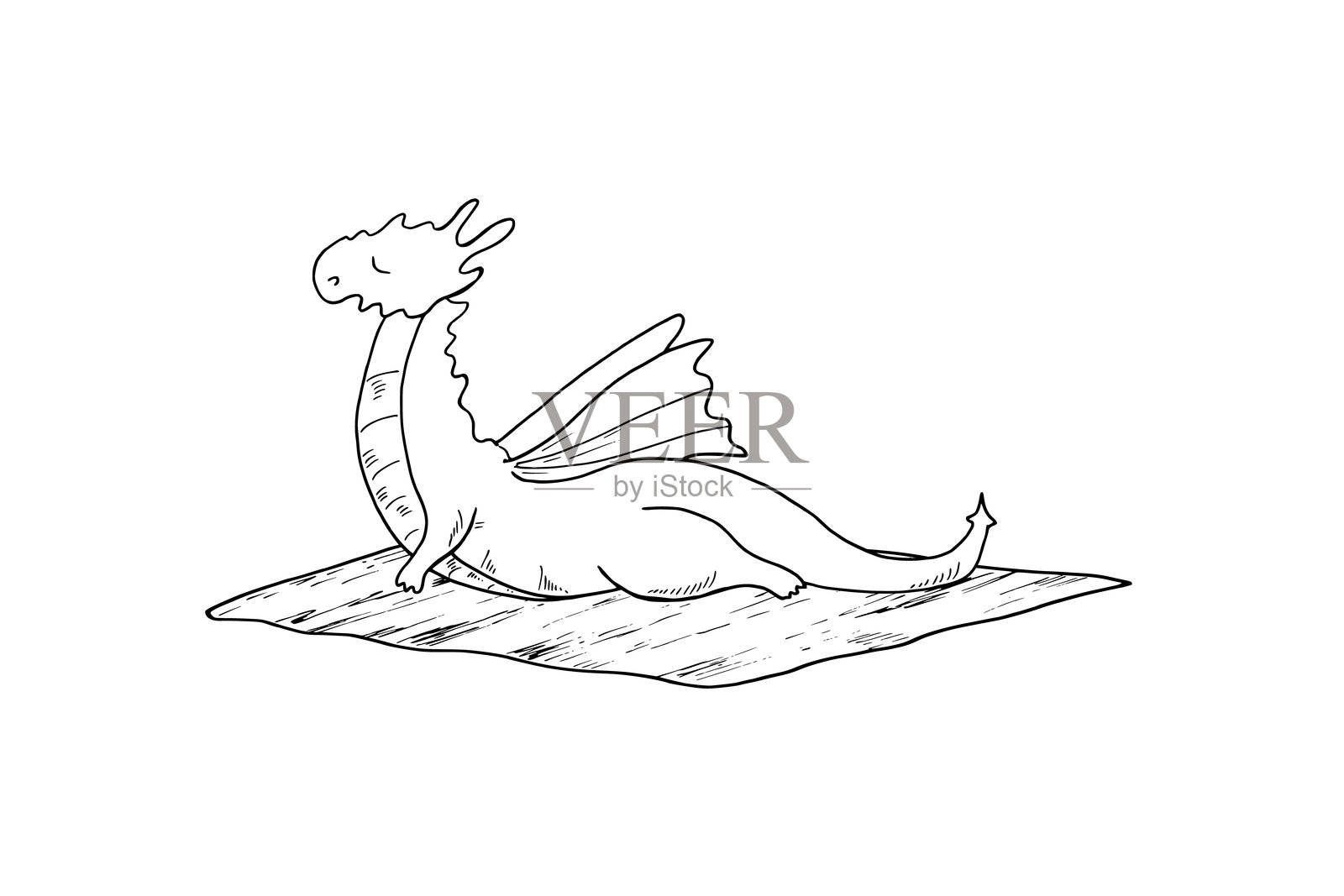 可爱的龙在普拉提泡沫垫上伸展翅膀，单色平面插图，采用黑色墨水绘制。动物练习健身运动的蚀刻画，适用于瑜伽中心。插画图片素材