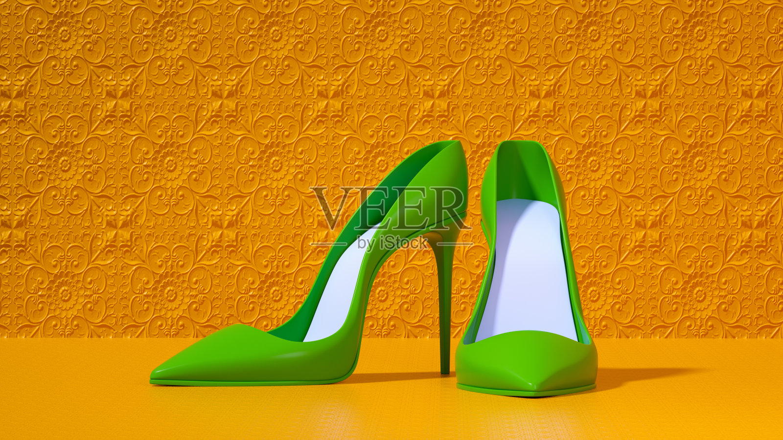 优雅的绿色高跟女鞋展示在纹理丰富的装饰背景上，3D渲染图照片摄影图片