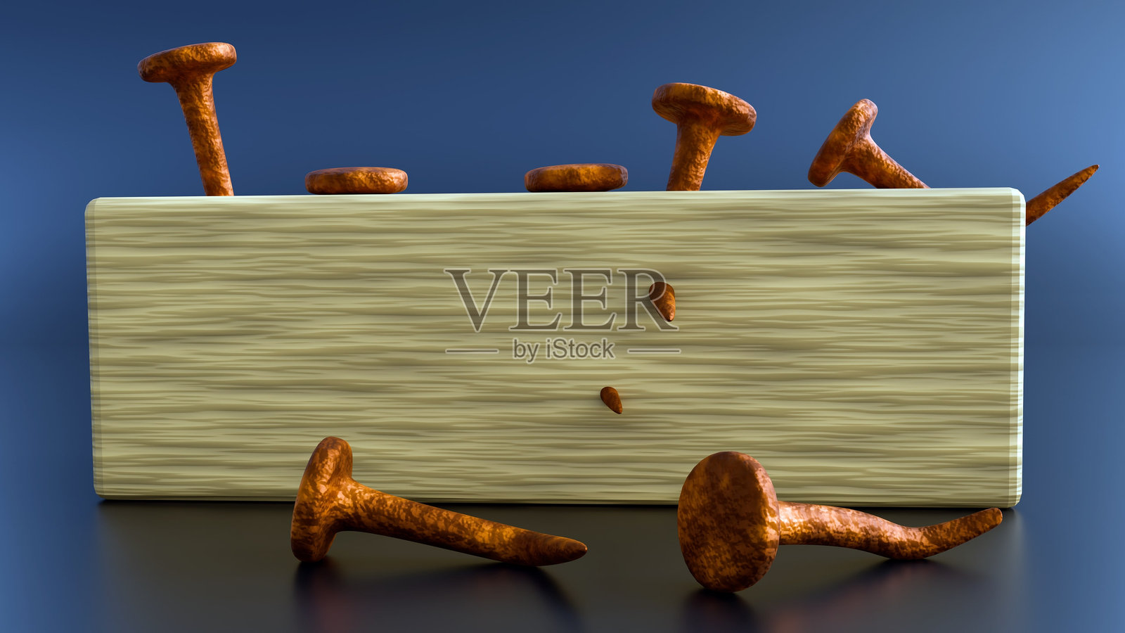 3D渲染的长方形木块，上面有生锈的钉子照片摄影图片