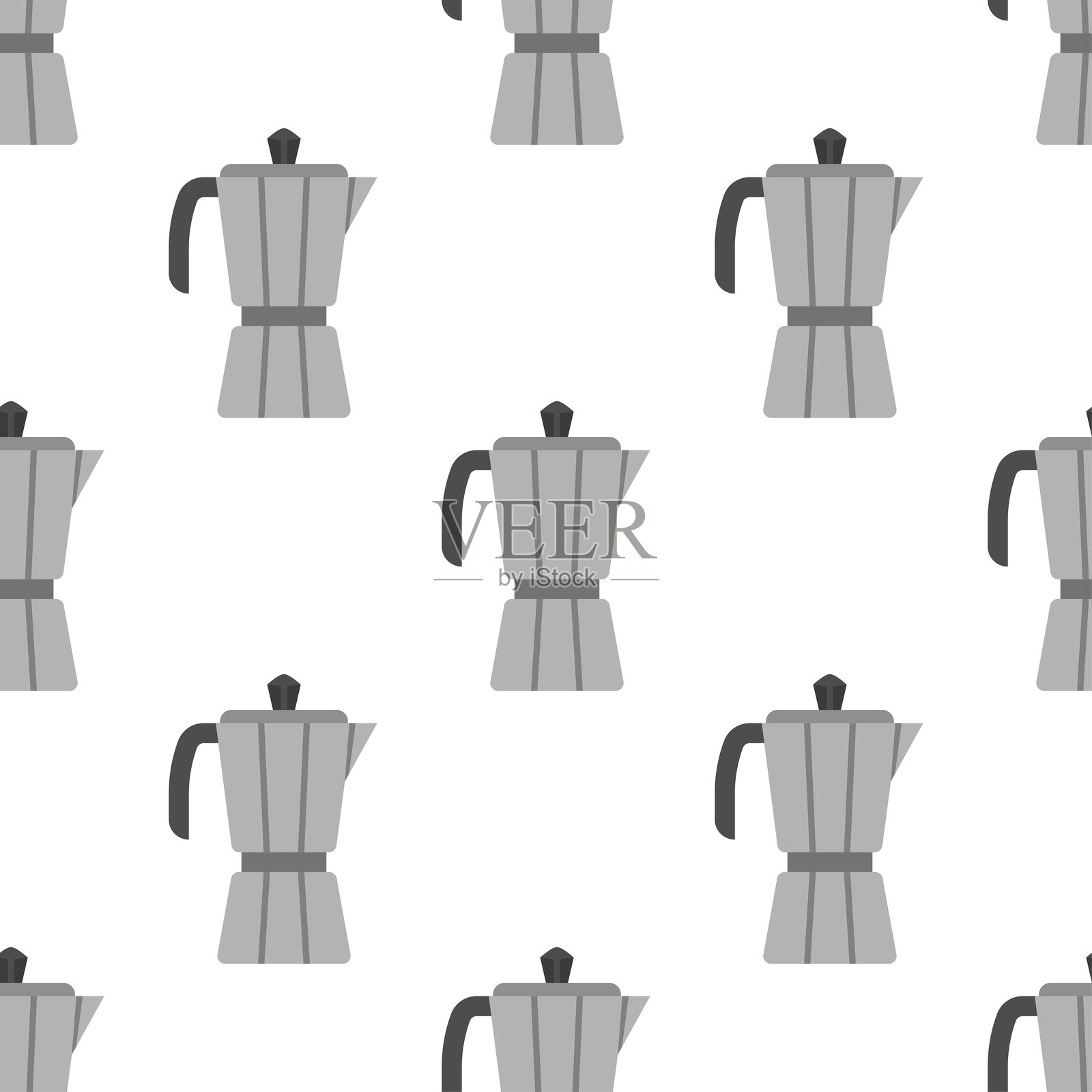 无缝图案，带有咖啡壶。摩卡壶或咖啡机与烘焙咖啡豆。插画图片素材