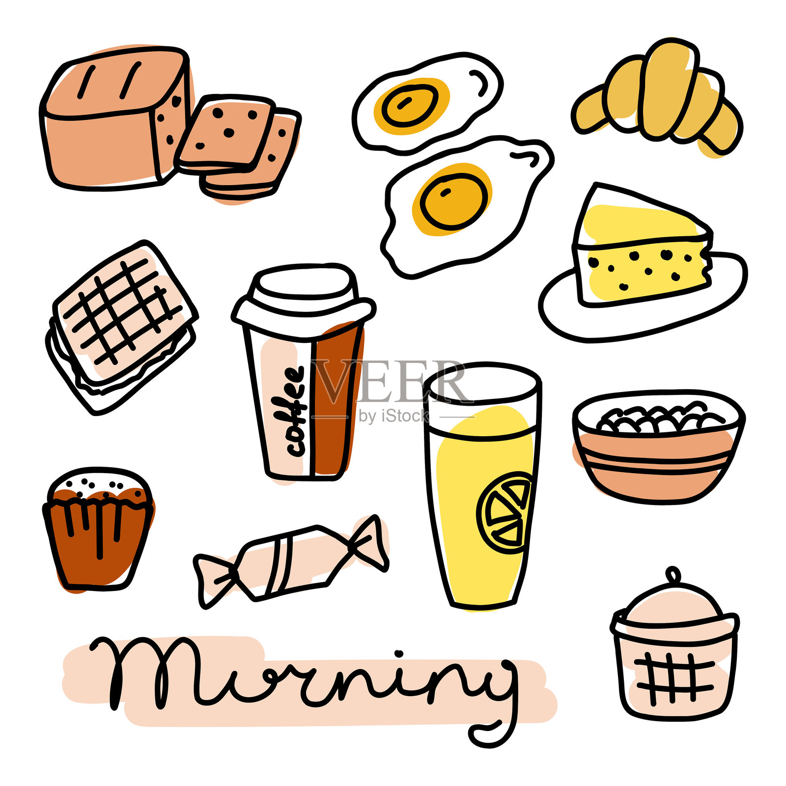 充满欢快气息的早餐摆盘，包含鸡蛋、咖啡和糕点，展现了美好一天的开始。插画图片素材