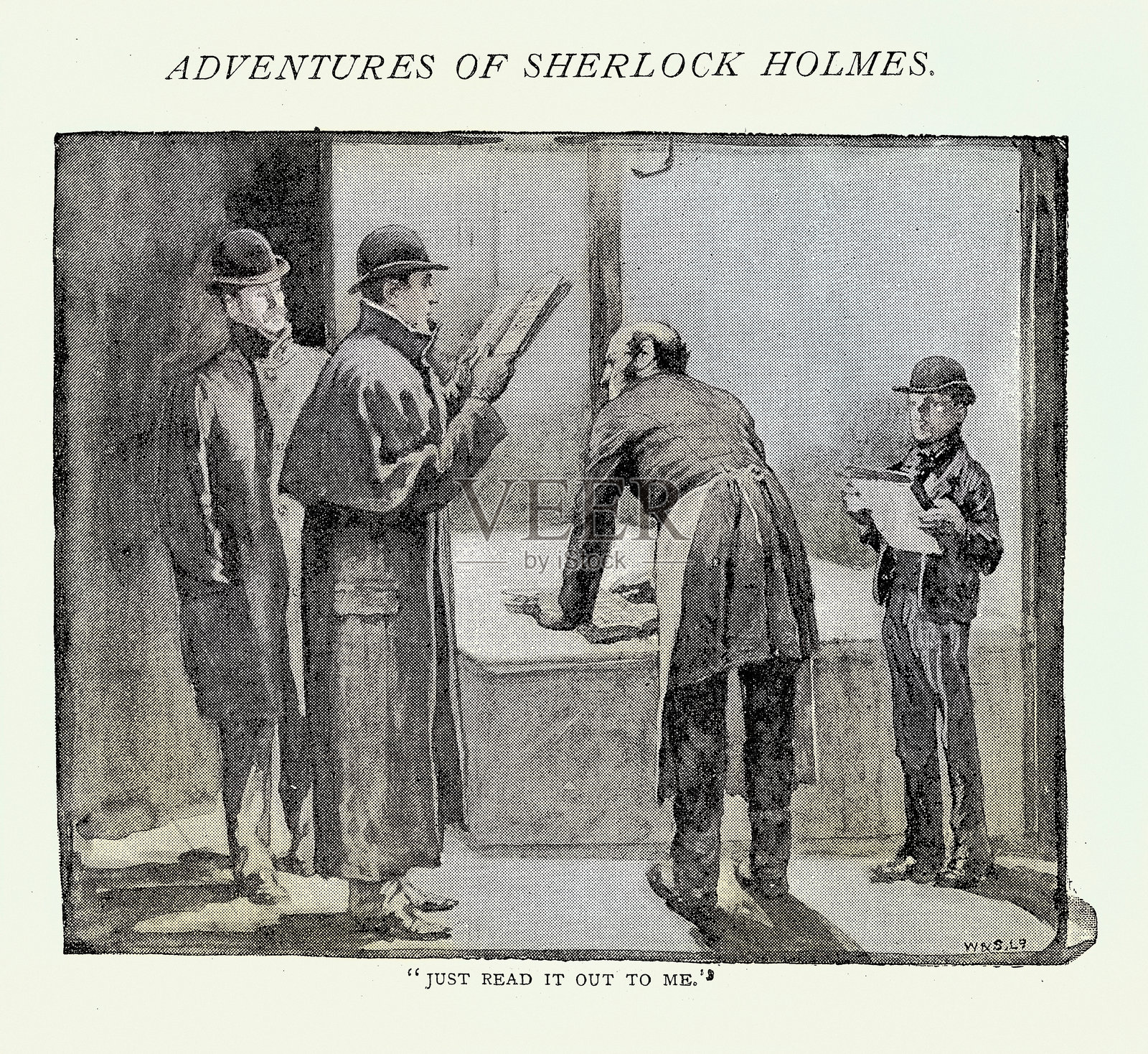 夏洛克·福尔摩斯：蓝宝石案，福尔摩斯和华生阅读线索，19世纪维多利亚时代插画图片素材