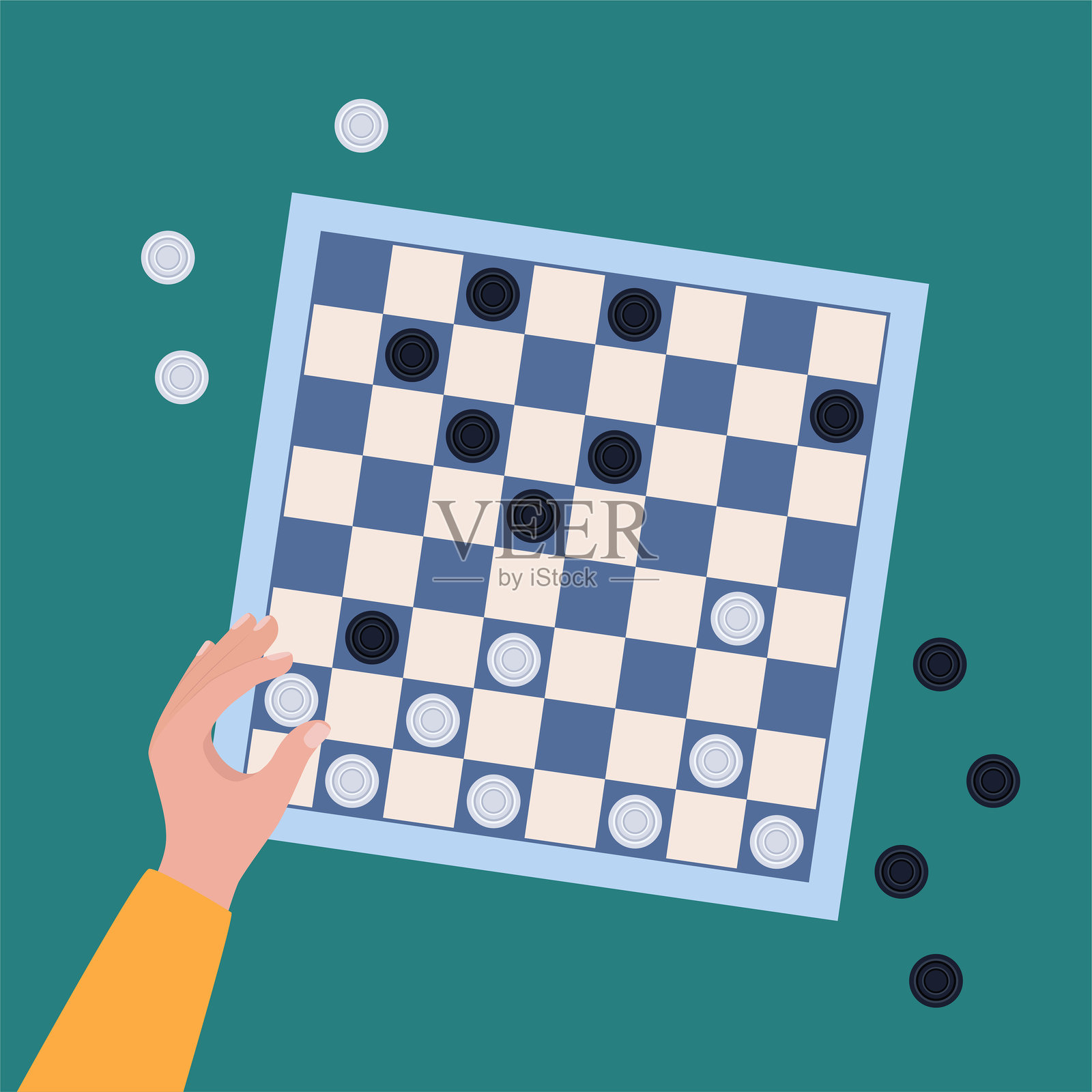 玩跳棋：益智棋盘游戏，人手、棋盘、跳棋，黑白棋子矢量图插画图片素材