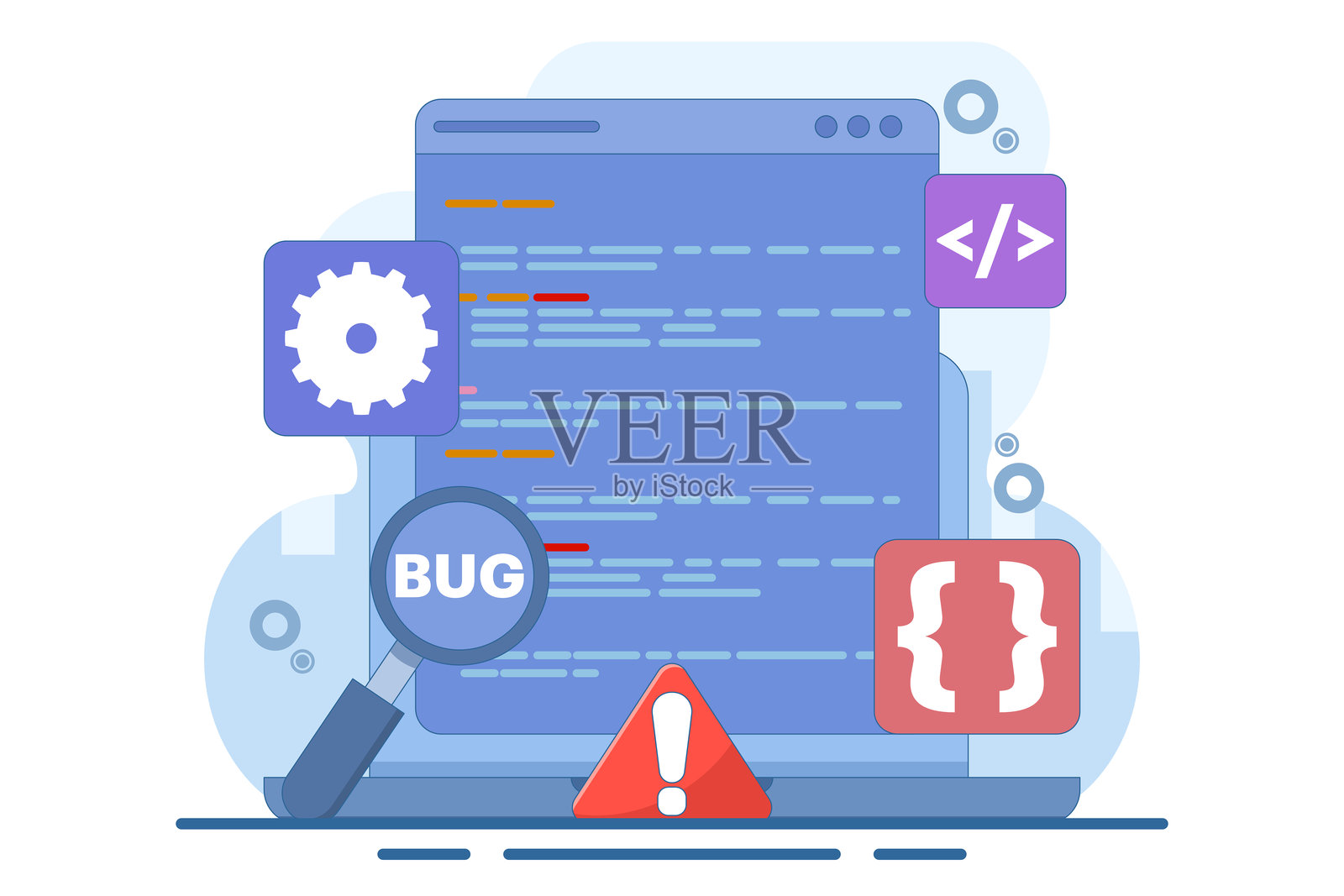 漏洞报告概念，数据软件活动上的漏洞放大镜。计算机漏洞检测。漏洞错误通知。系统错误警报。测试软件。放大镜寻找恶意软件。扁平插图。插画图片素材