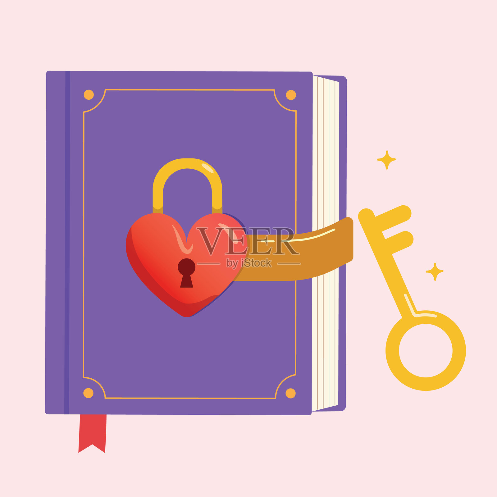 带金色钥匙设计的书籍：爱情故事插画图片素材