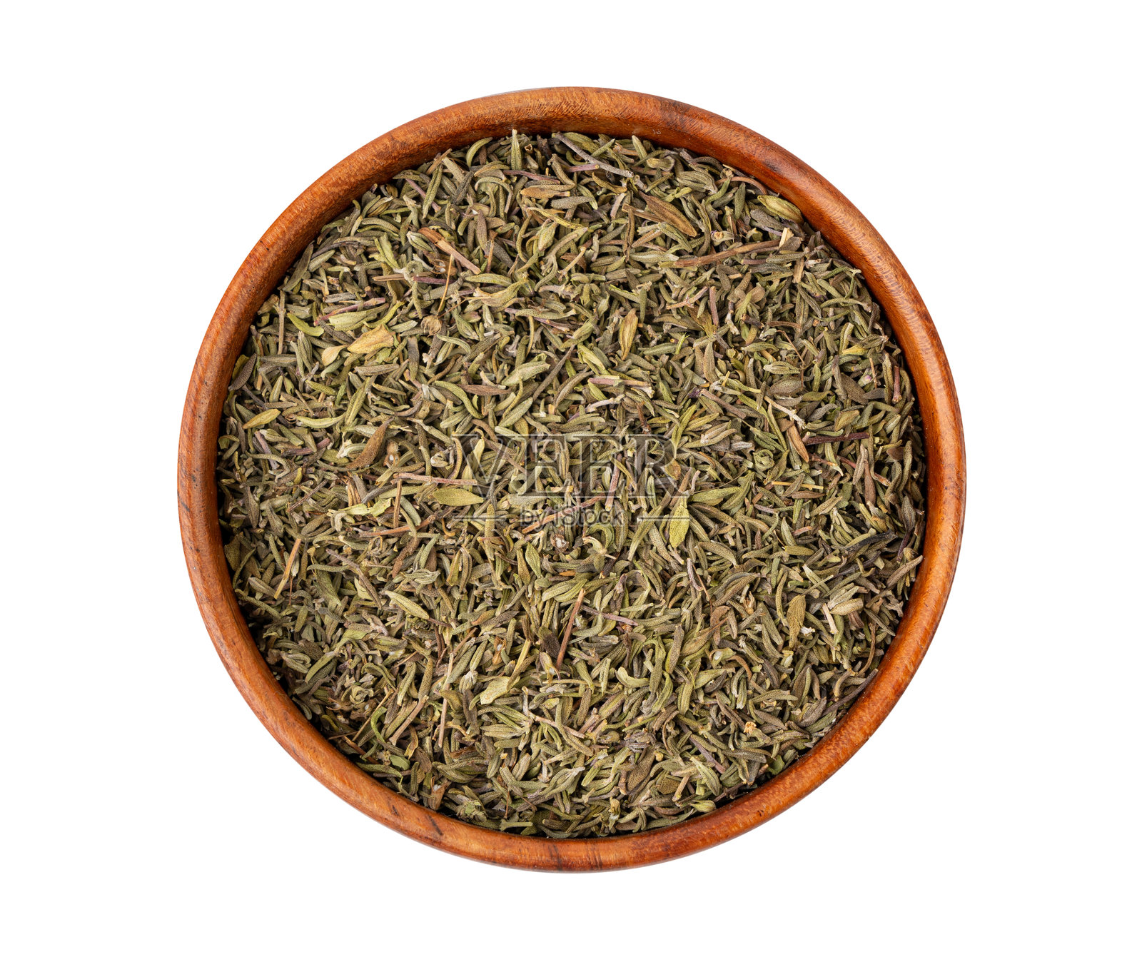 干百里香、干马郁兰、牛至堆、磨碎的百里香调料、百里香叶照片摄影图片