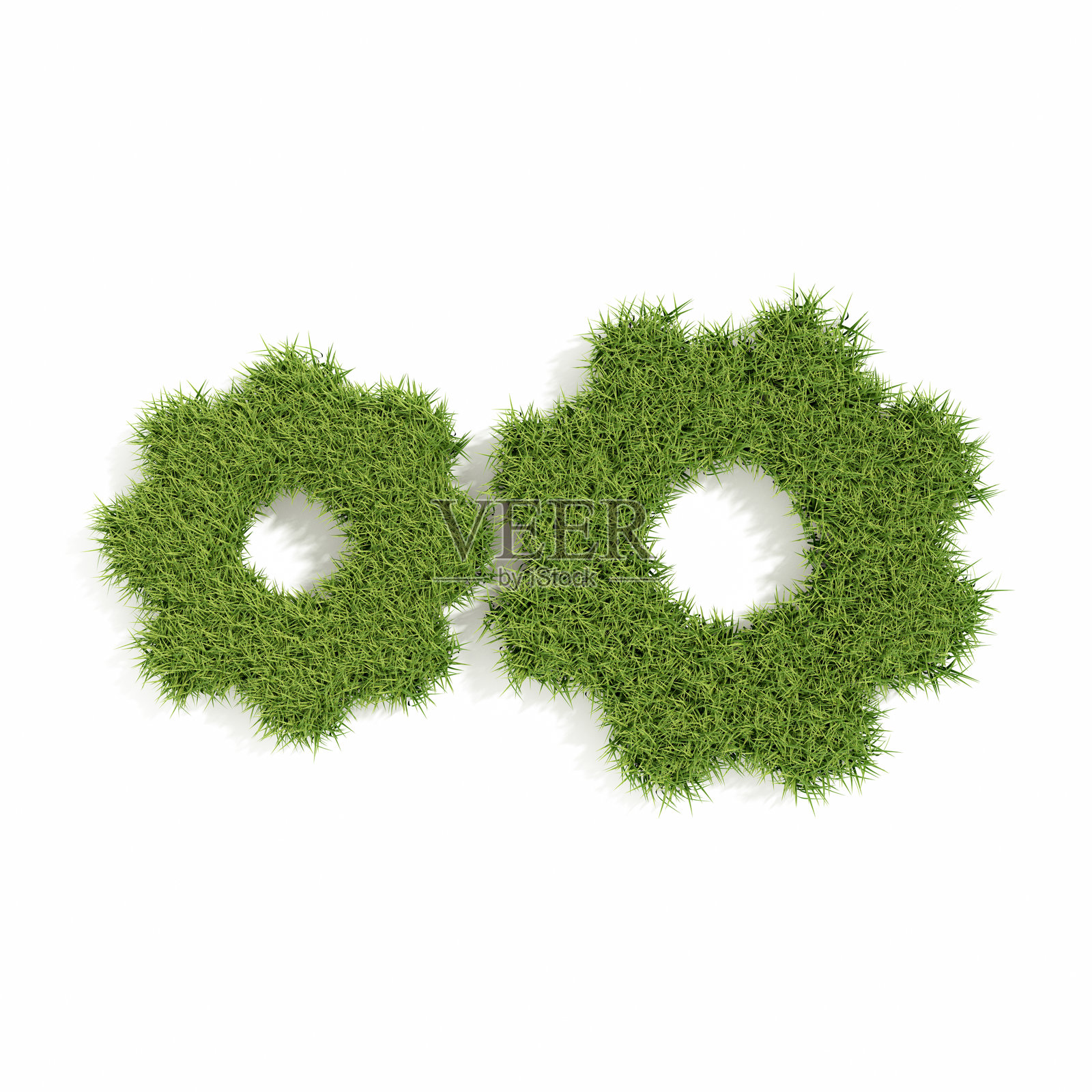白色背景上的草地与齿轮。可持续发展概念。照片摄影图片