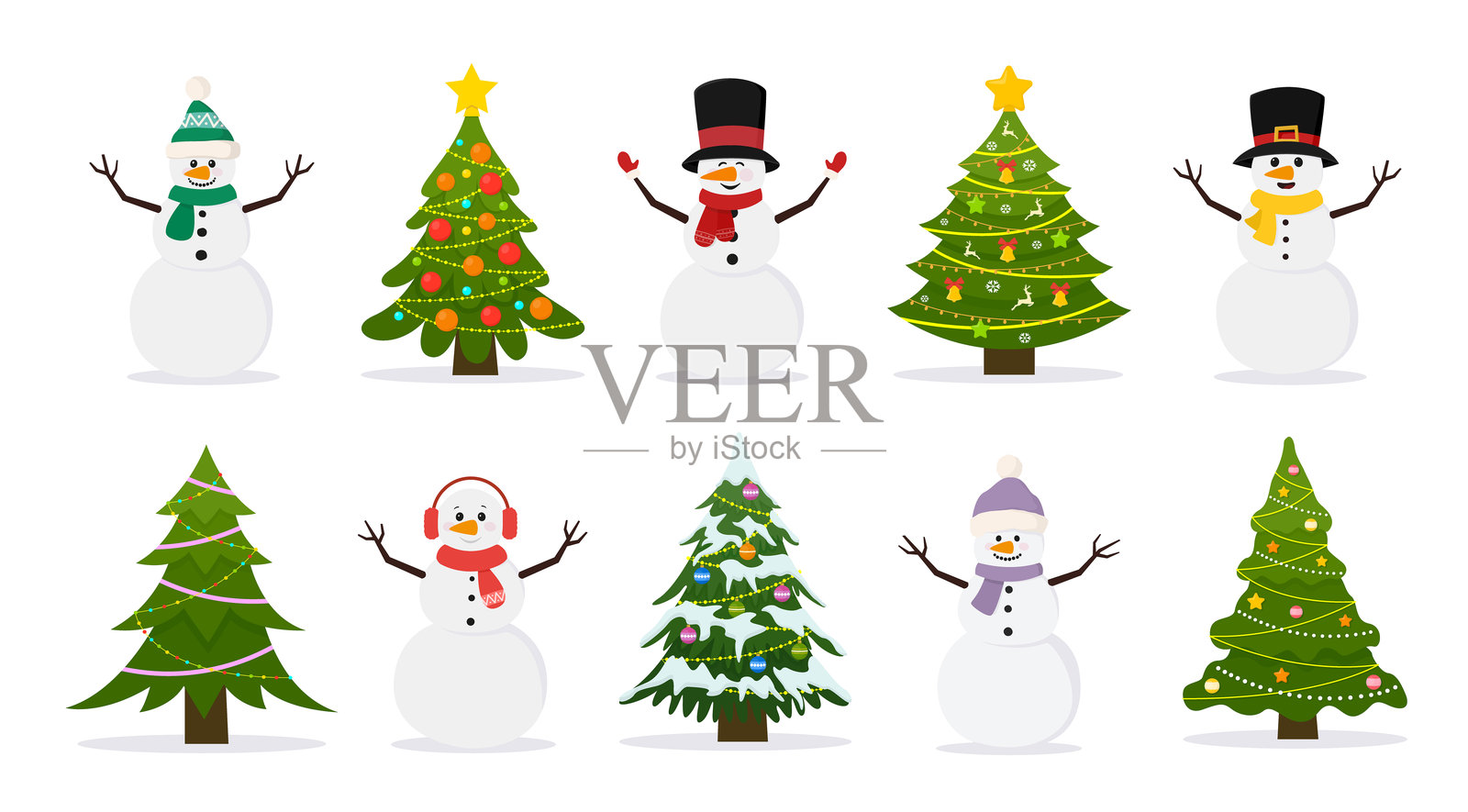 圣诞树和雪人的组合。色彩缤纷的冬季树木，戴着围巾和帽子的雪人，适合圣诞节和新年的节日气氛。插画图片素材