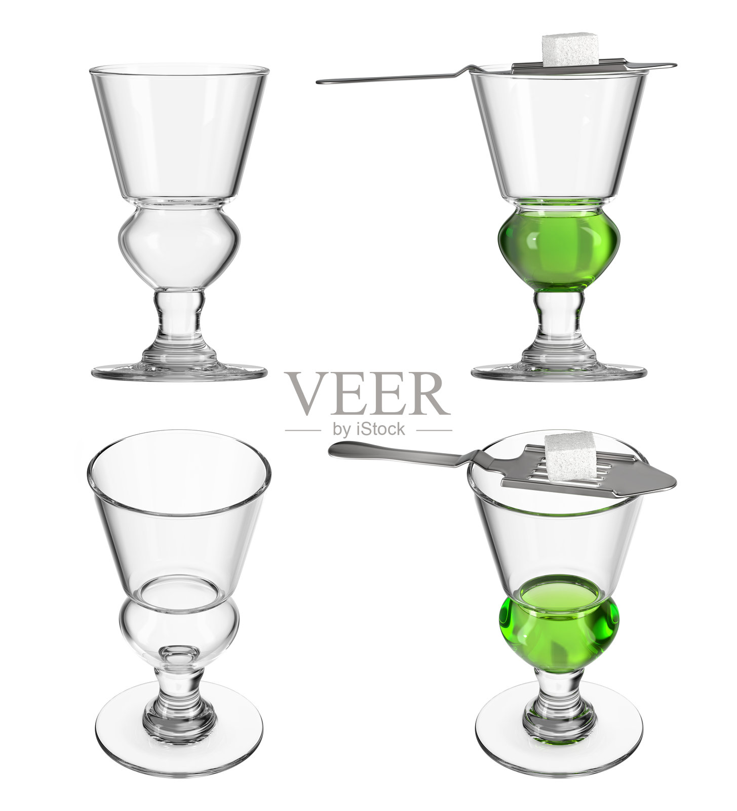 白色背景上的苦艾酒杯。不同角度的空杯和装有饮料的杯子组合。3D渲染。照片摄影图片