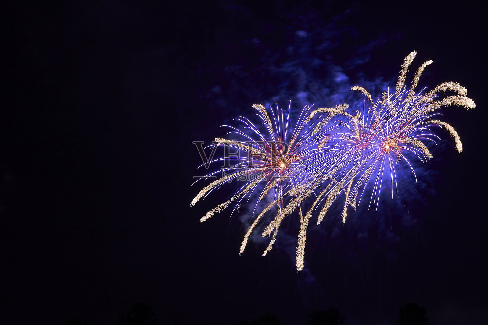 夜空中绚丽的烟花表演，主要有两朵蓝色和金色的火花。与黑暗背景的对比形成了惊人的视觉效果。照片摄影图片