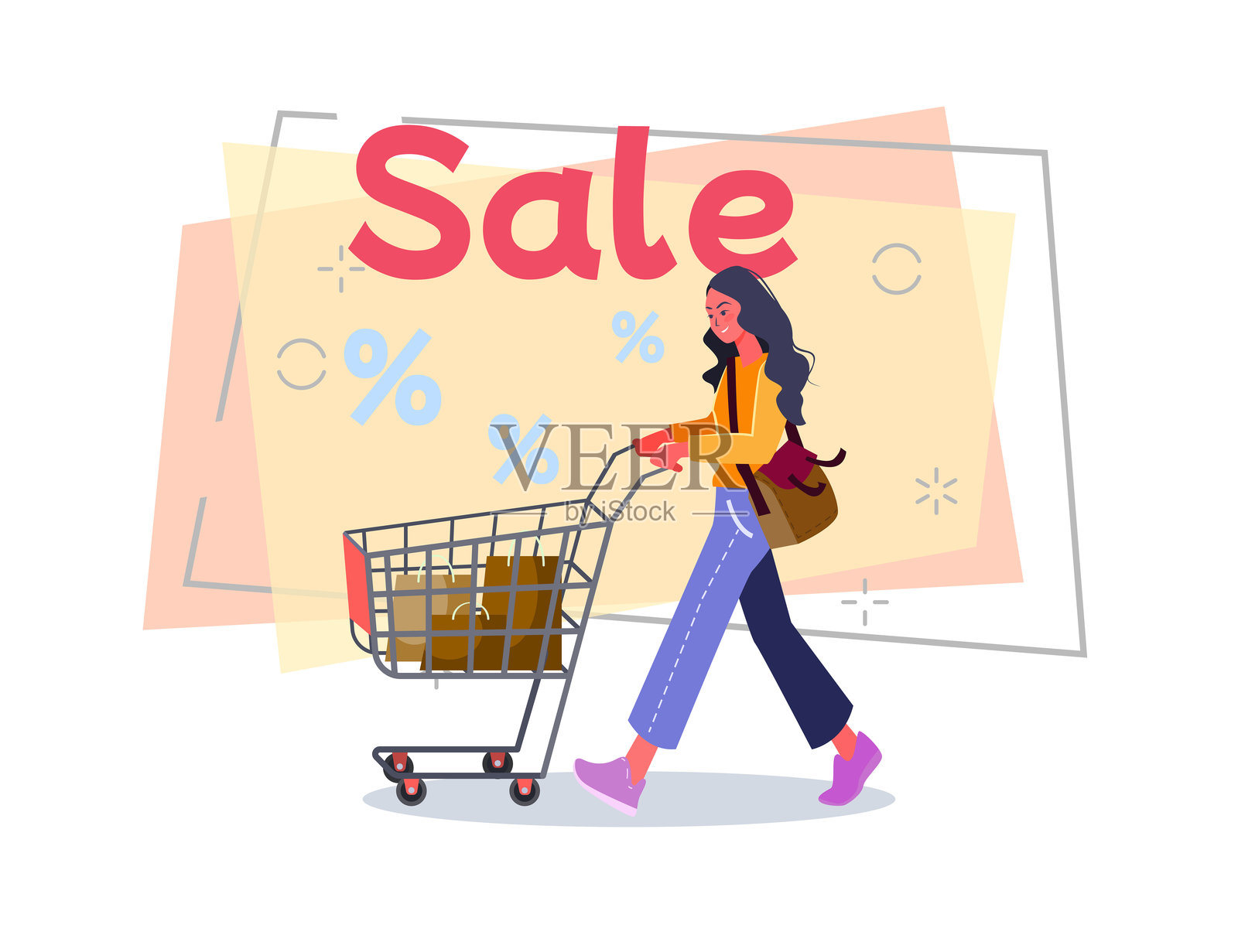 年轻女孩与购物车的矢量插图插画图片素材