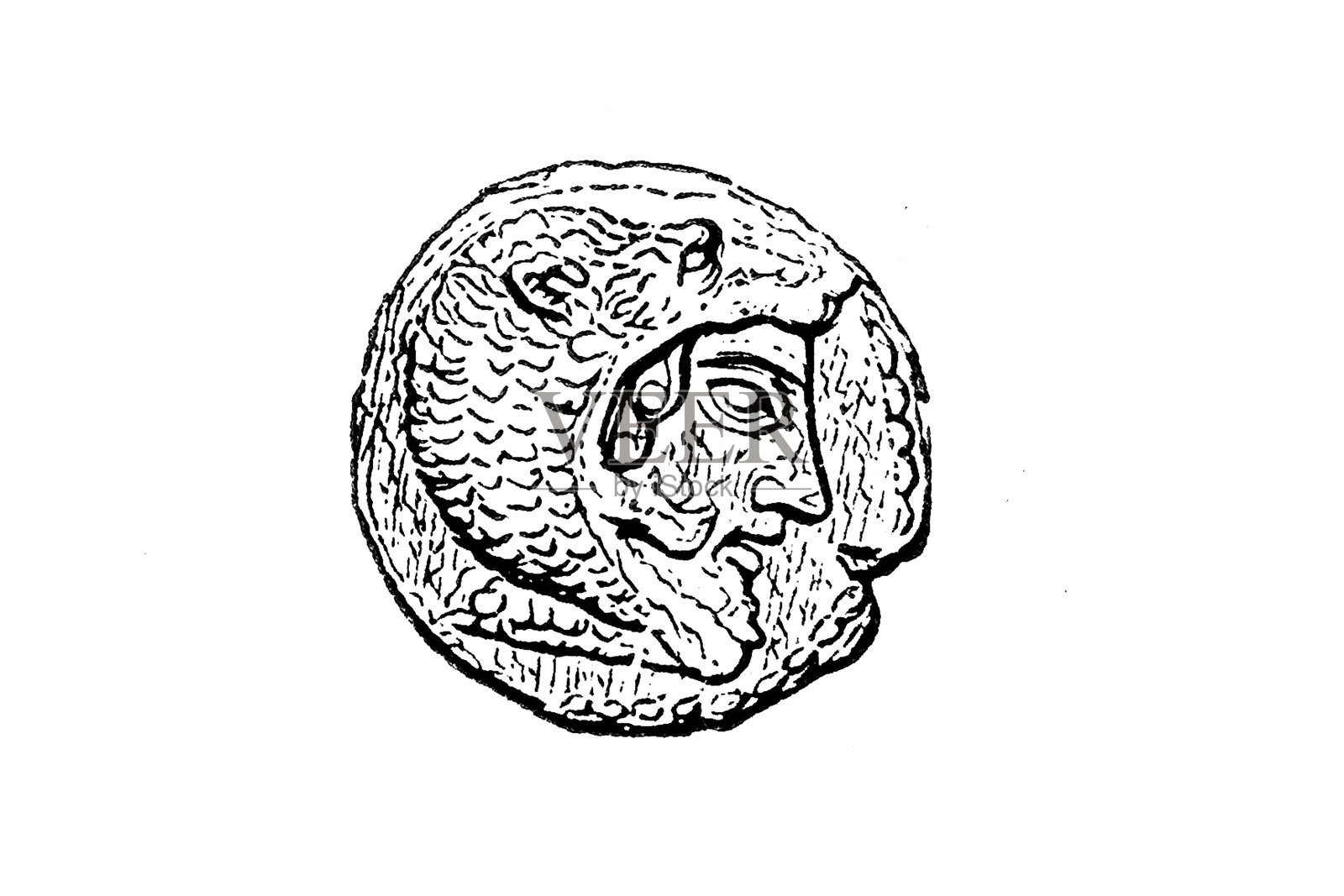 色林比亚的硬币，上面是赫拉克勒斯戴着狮皮的头像照片摄影图片