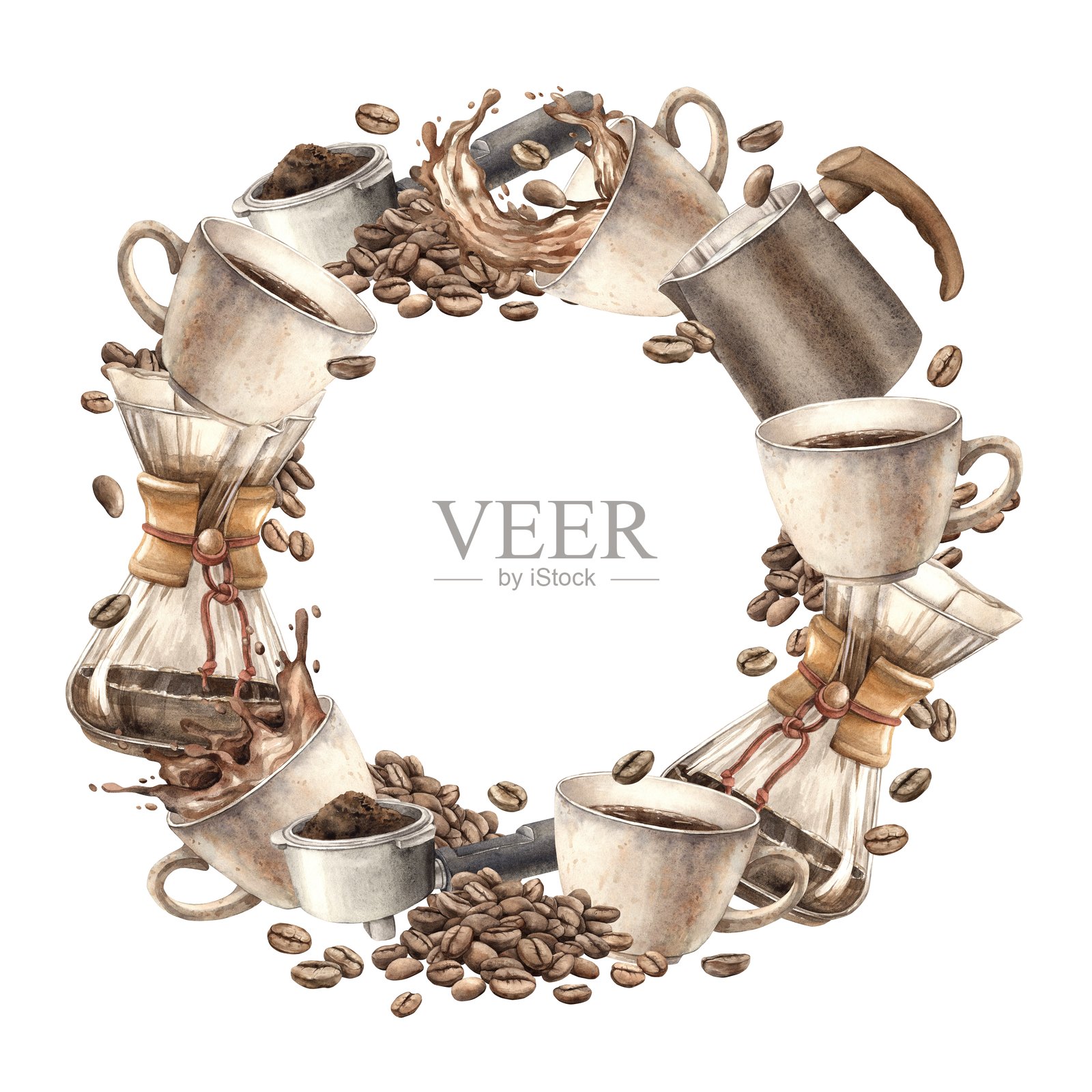 香气四溢的咖啡杯、咖啡机、滤器、咖啡豆和咖啡压粉器。手绘的水彩圆形花环，适用于咖啡店、小餐馆、菜单、海报和包装的装饰。插画图片素材