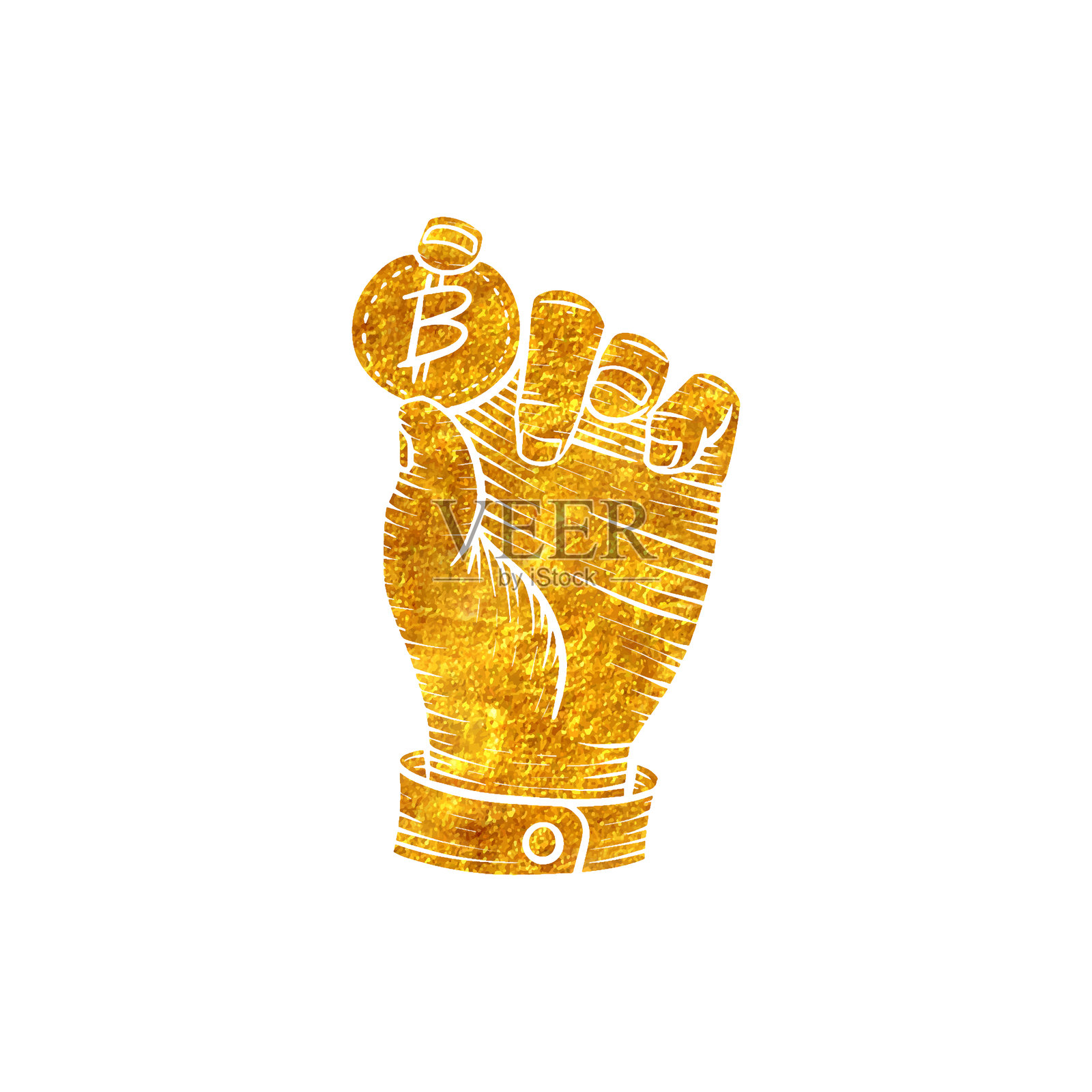 手绘金箔纹理图标，手握比特币硬币。插画图片素材