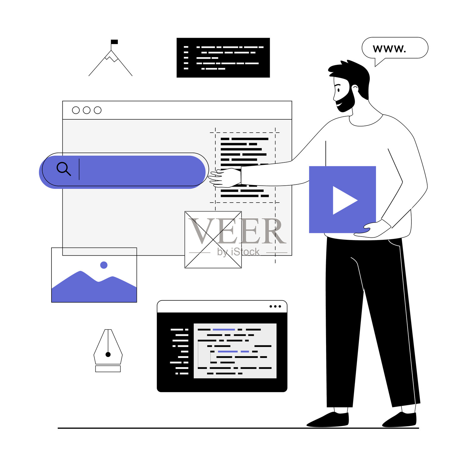 网页开发，网页设计概念。开发者为网页用户界面或移动应用进行UI和UX设计的头脑风暴。带有线条人物的网页设计矢量插图。照片摄影图片