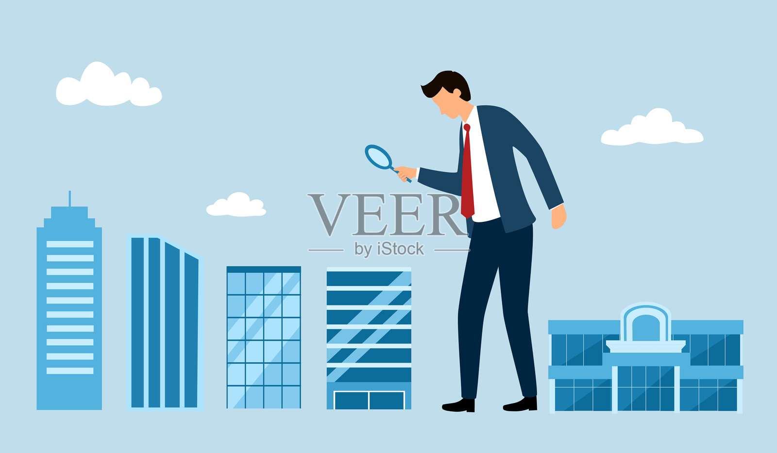 商人手持放大镜寻找建筑物。建筑选择。房地产投资。插画图片素材