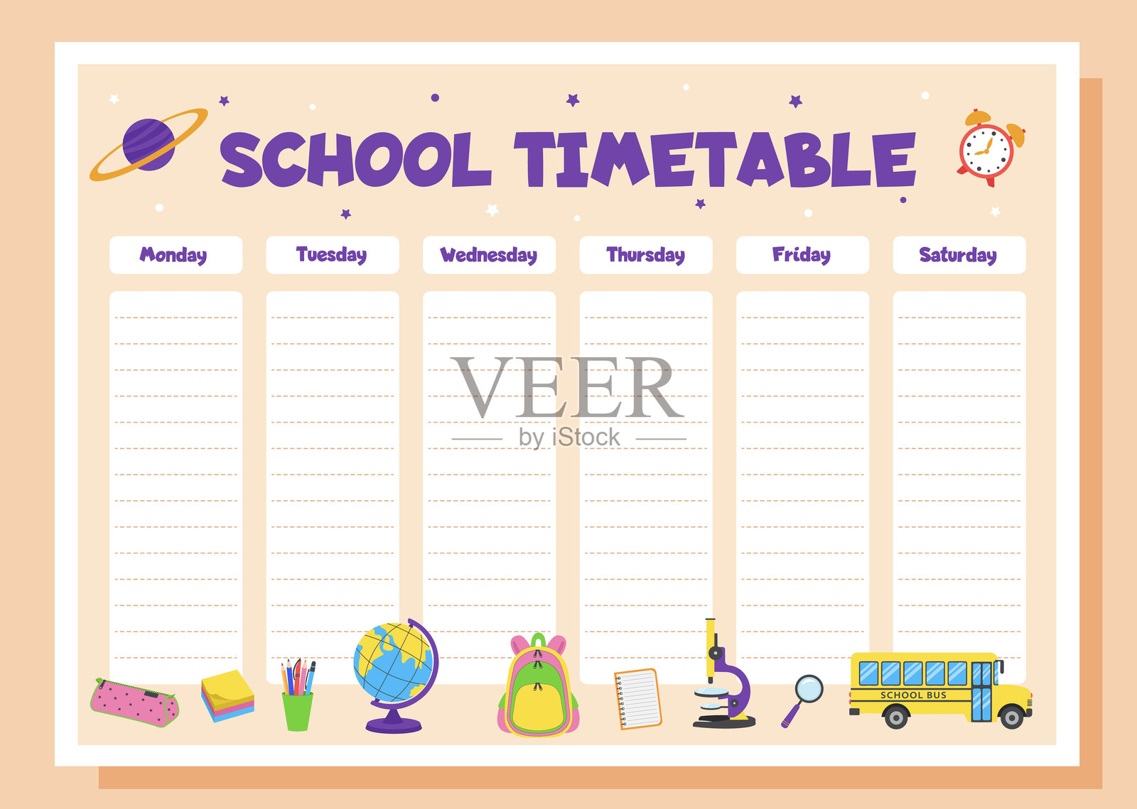学校时间表、课程安排和组织者模板。带有学习用品的每周学习计划。插画图片素材