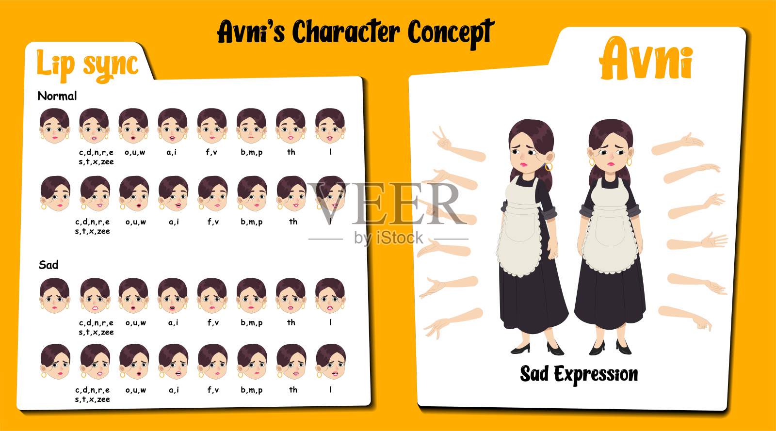 一个悲伤的女仆卡通角色，别名阿夫尼。可爱的女仆卡通矢量图。悲伤的面部表情和口型同步。女仆卡通角色的多种手势和正面及1/3侧面站立姿势的组合。插画图片素材