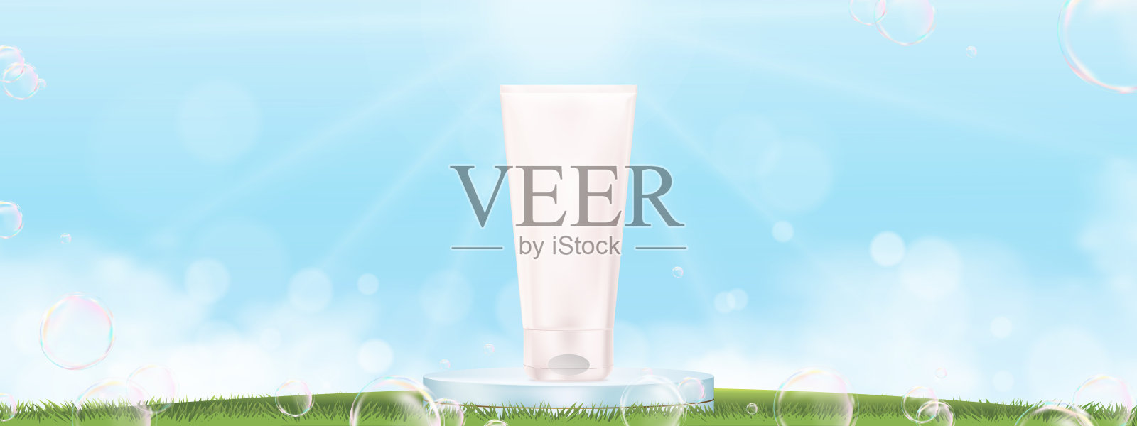 商业背景，化妆品产品设计，3D讲台，阳光下的绿色草地上的气泡，矢量复活节横幅自然风光，晨夏时分草地上的蓝天与闪烁的光芒插画图片素材