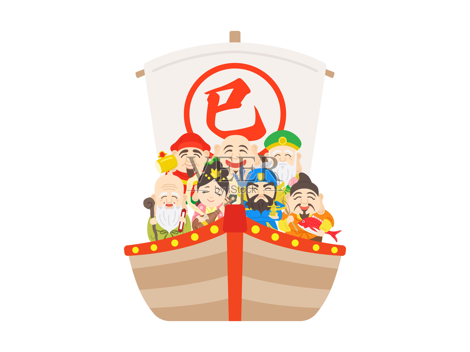 一幅描绘七福神乘坐宝船的插图，适合蛇年。插画图片素材