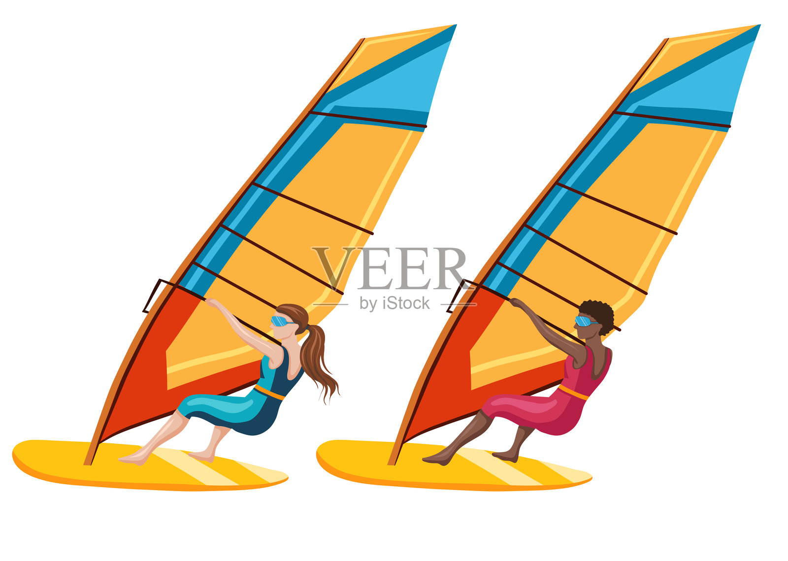 平面风格的多彩插图风帆冲浪矢量集。包含非洲和欧洲女性冲浪者的背景独立插图合集。插画图片素材