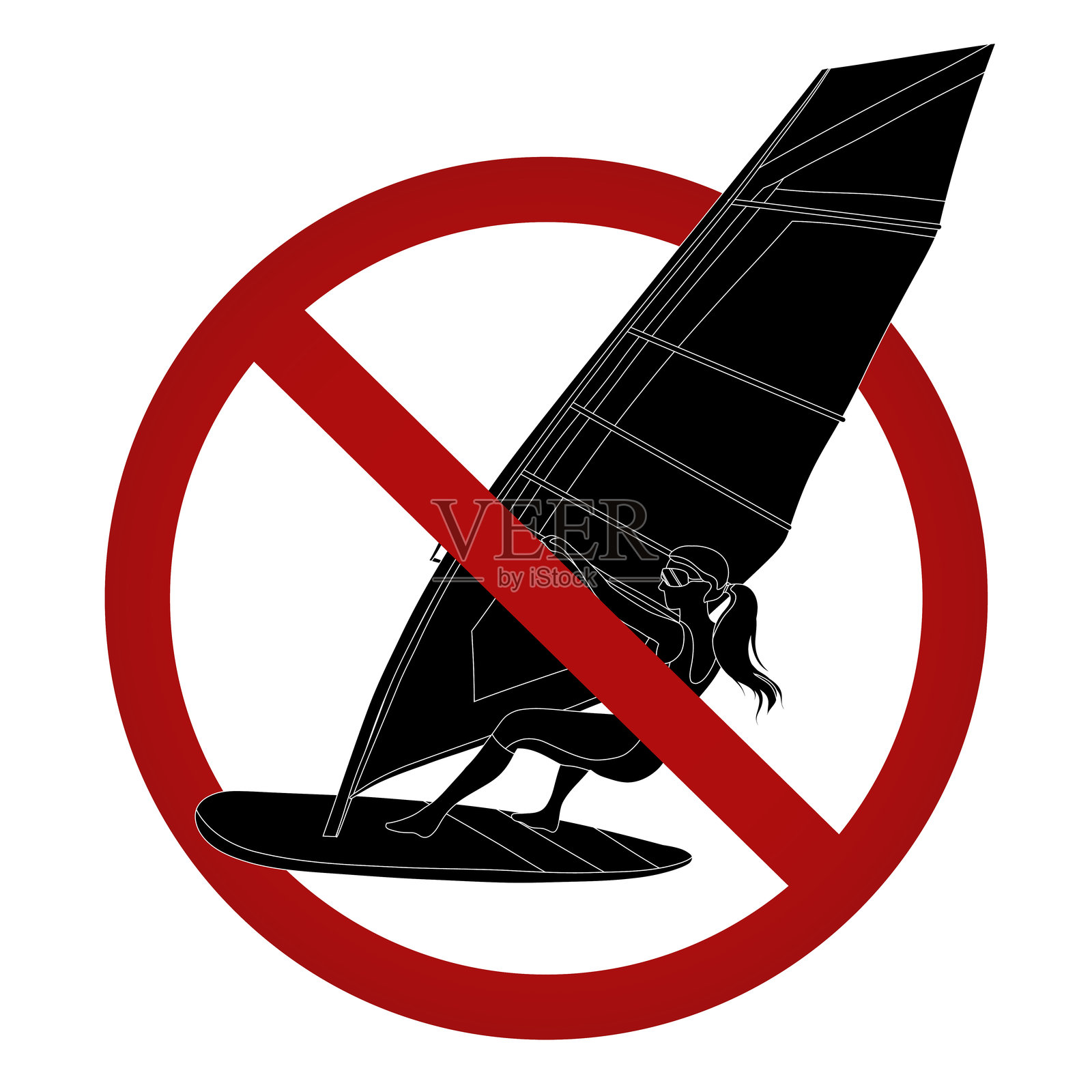 禁止标志的矢量图，背景中孤立的风帆冲浪。黑色轮廓的海上冲浪图案，带有禁止标志。游泳危险。插画图片素材