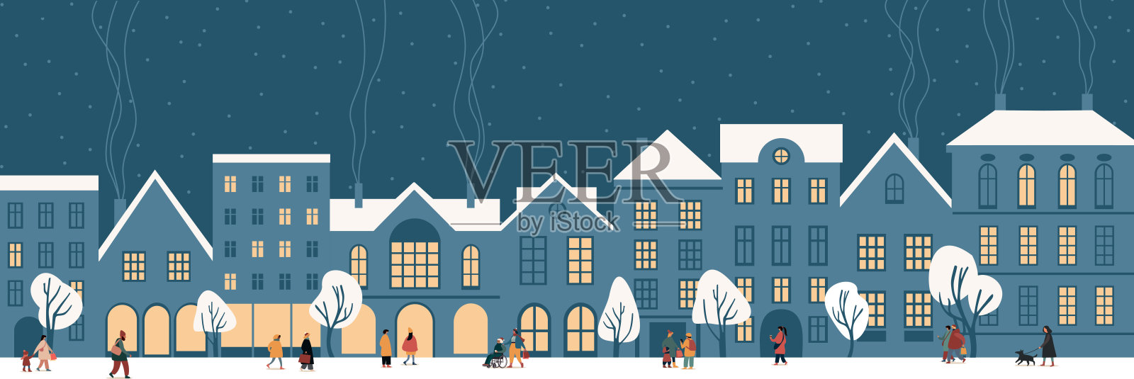 圣诞城市全景，快乐的人们在冬季假期的街道上漫步。欧洲古镇的圣诞前夜，温馨的建筑。插画图片素材