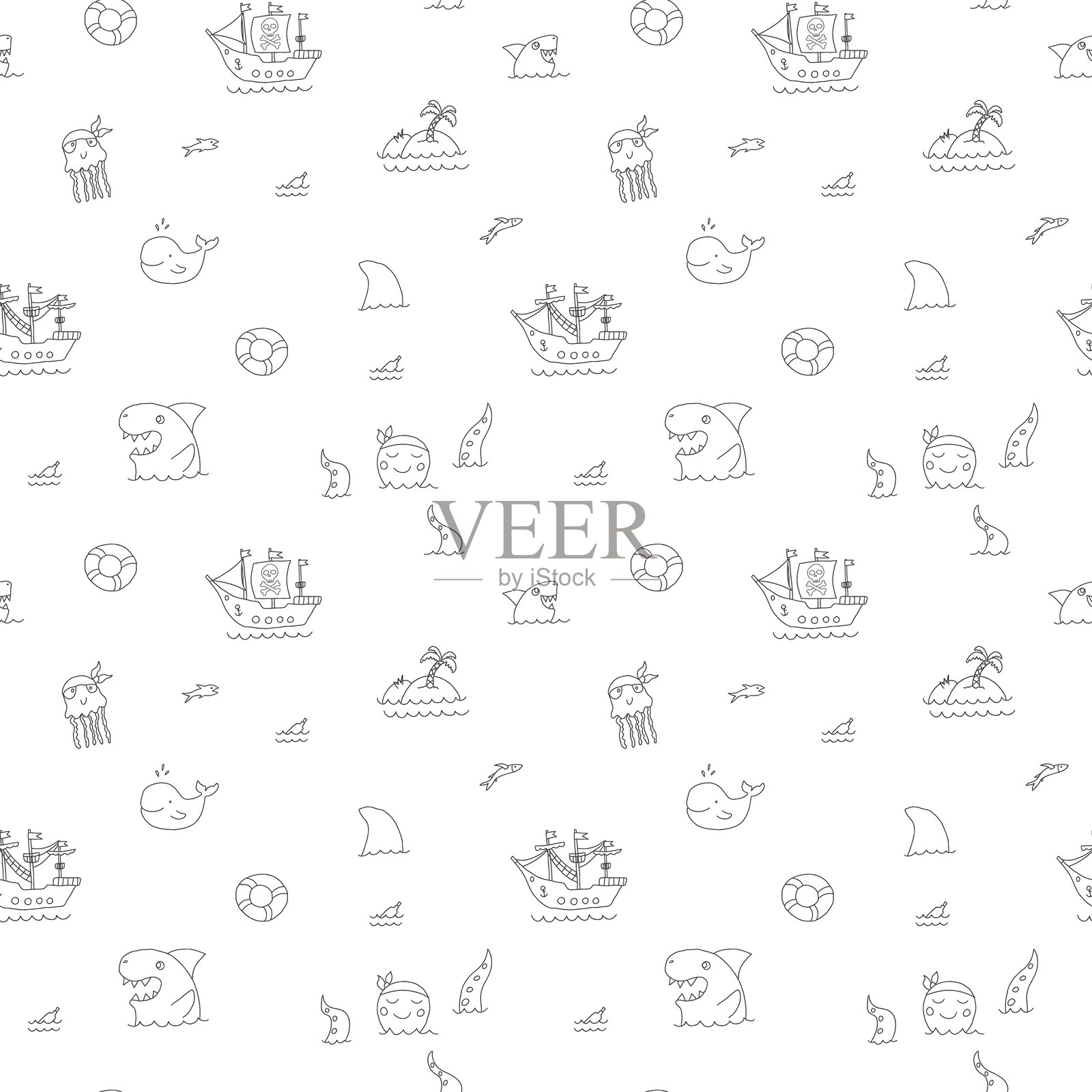 可爱的海盗元素无缝图案。卡通海盗及物品。背景。矢量插图。插画图片素材