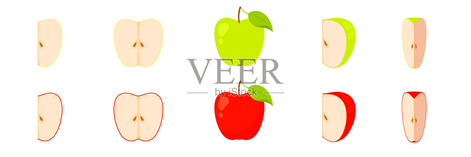 苹果水果矢量图集。独立的苹果标志。多汁成熟的有机水果插图。插画图片素材