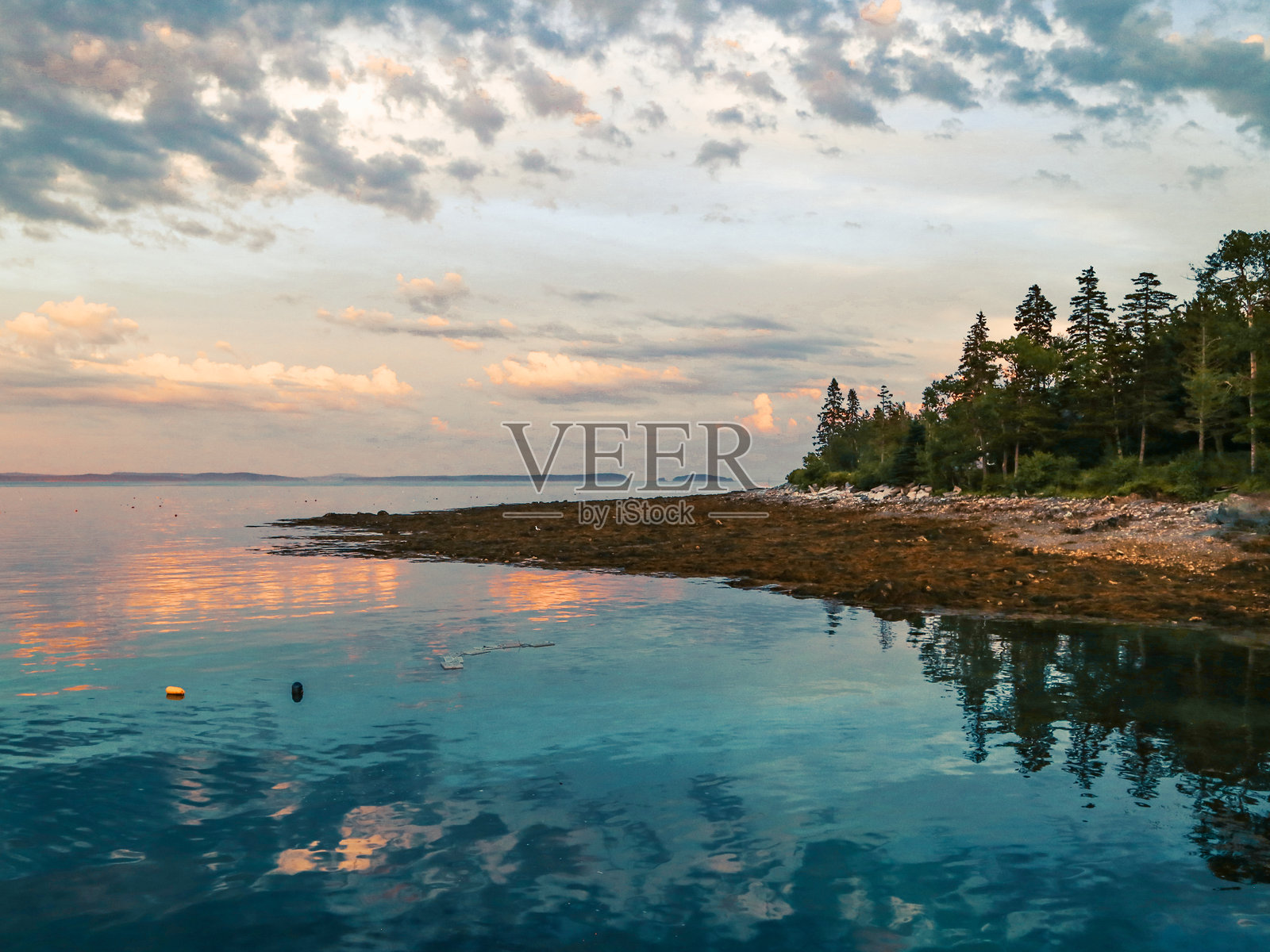 缅因州海岸日落倒影风景，汉考克角，缅因州照片摄影图片