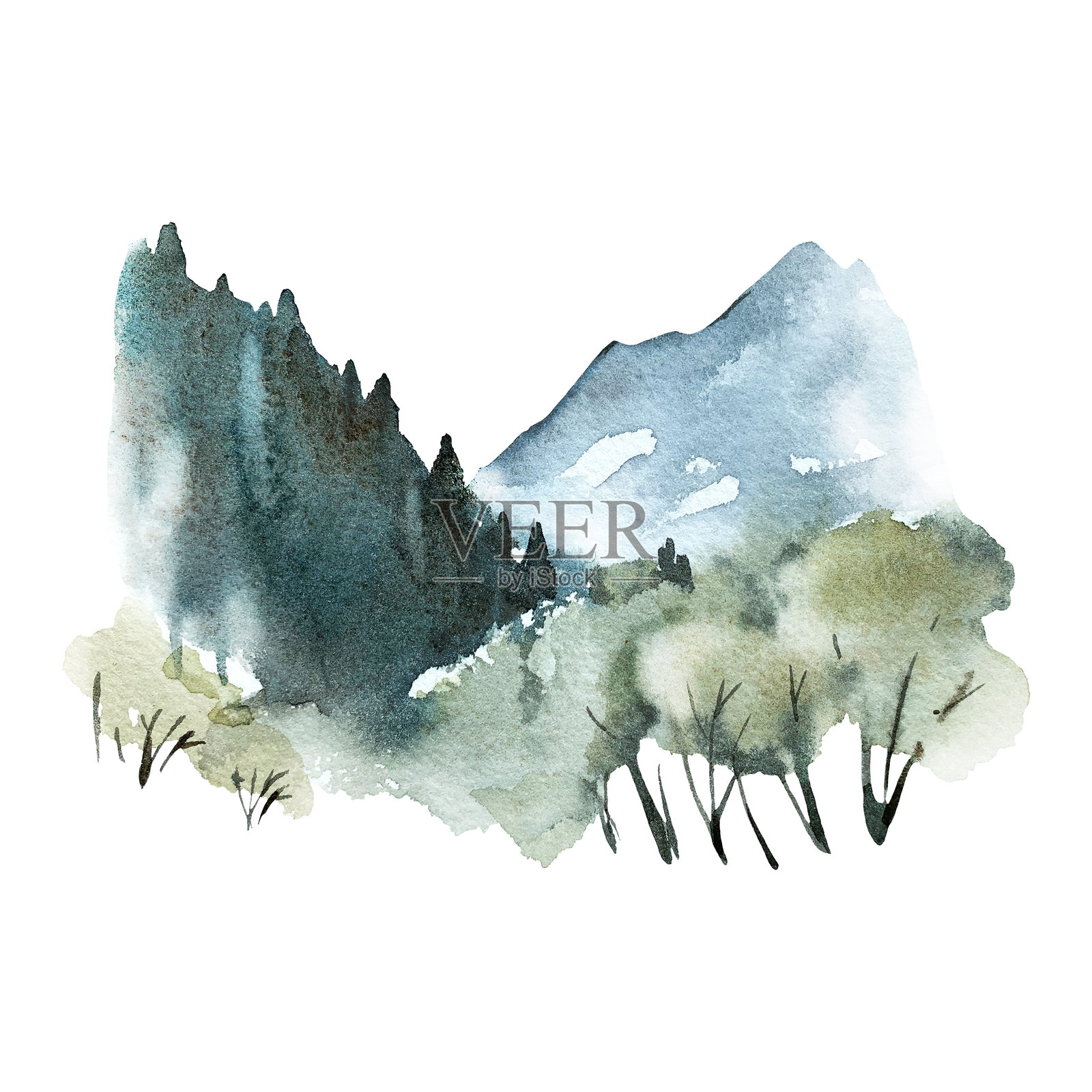 山脉和森林的水彩素描。抽象的手绘风景。树木、冷杉和丘陵在白色背景上独立呈现。适用于明信片、邀请函和标签的设计元素。照片摄影图片