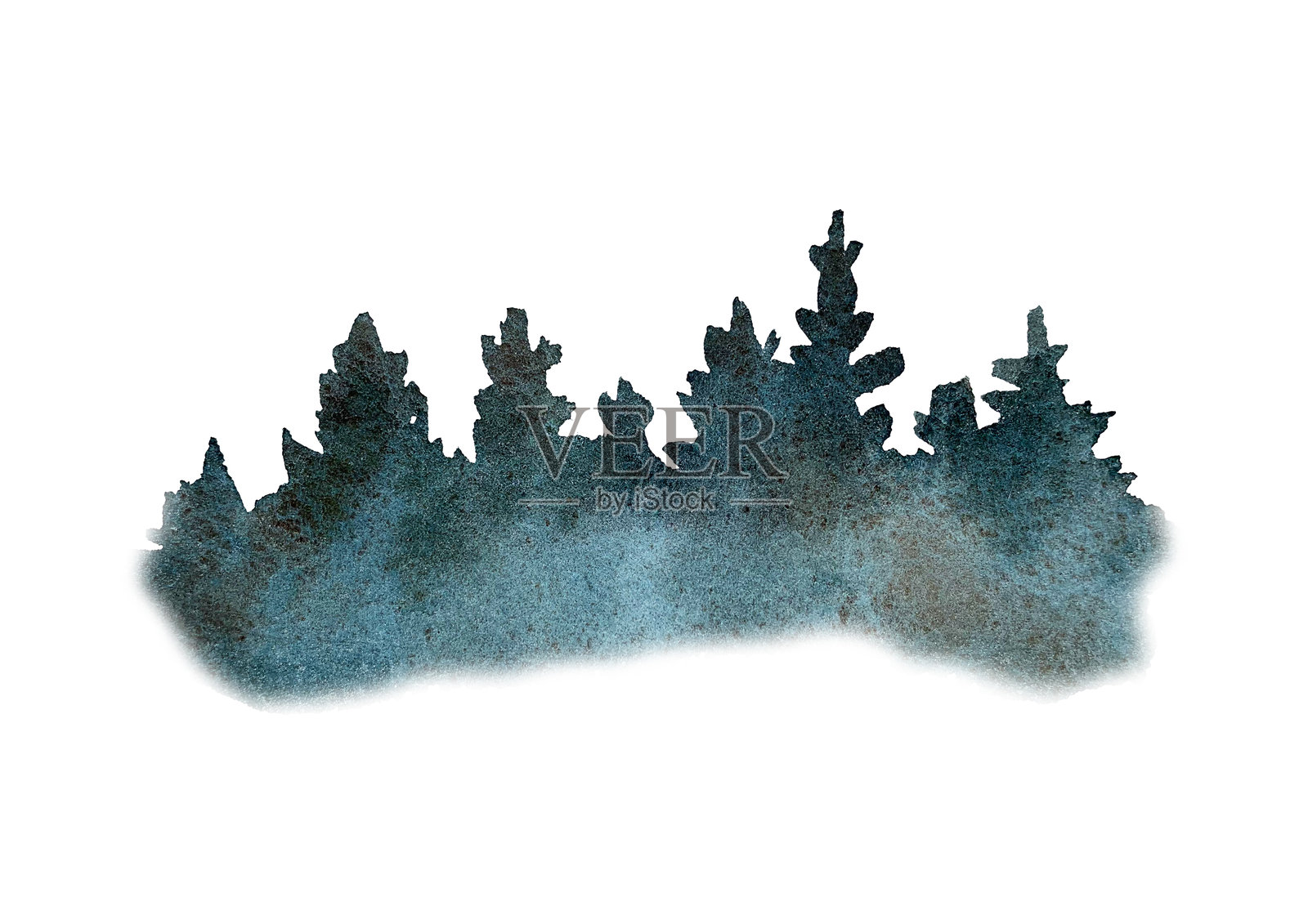 森林剪影水彩画。手绘的冷杉树素描，独立于白色背景。明信片设计元素。照片摄影图片