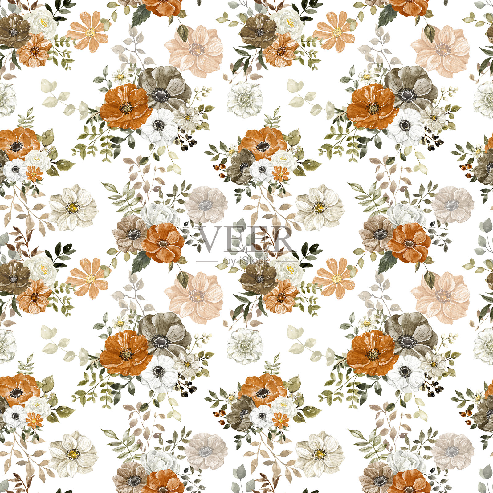 秋季印花，包含生锈色、烧焦橙色、灰色和白色的水彩花卉无缝图案。照片摄影图片