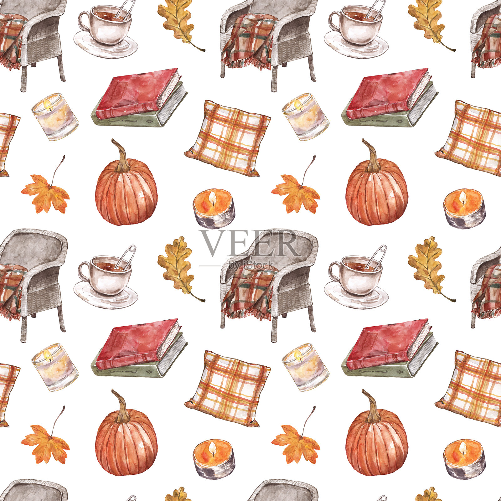 水彩秋季氛围无缝图案。舒适的椅子、茶、书籍、树叶、南瓜在白色背景上。照片摄影图片