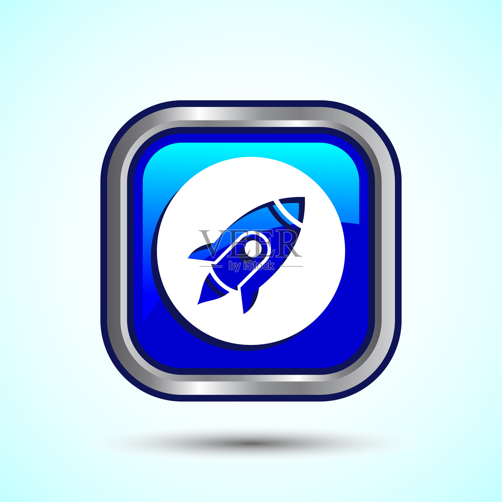 火箭图标设计插图，商业启动符号，火箭发射标志，蓝色方形按钮设计插画图片素材