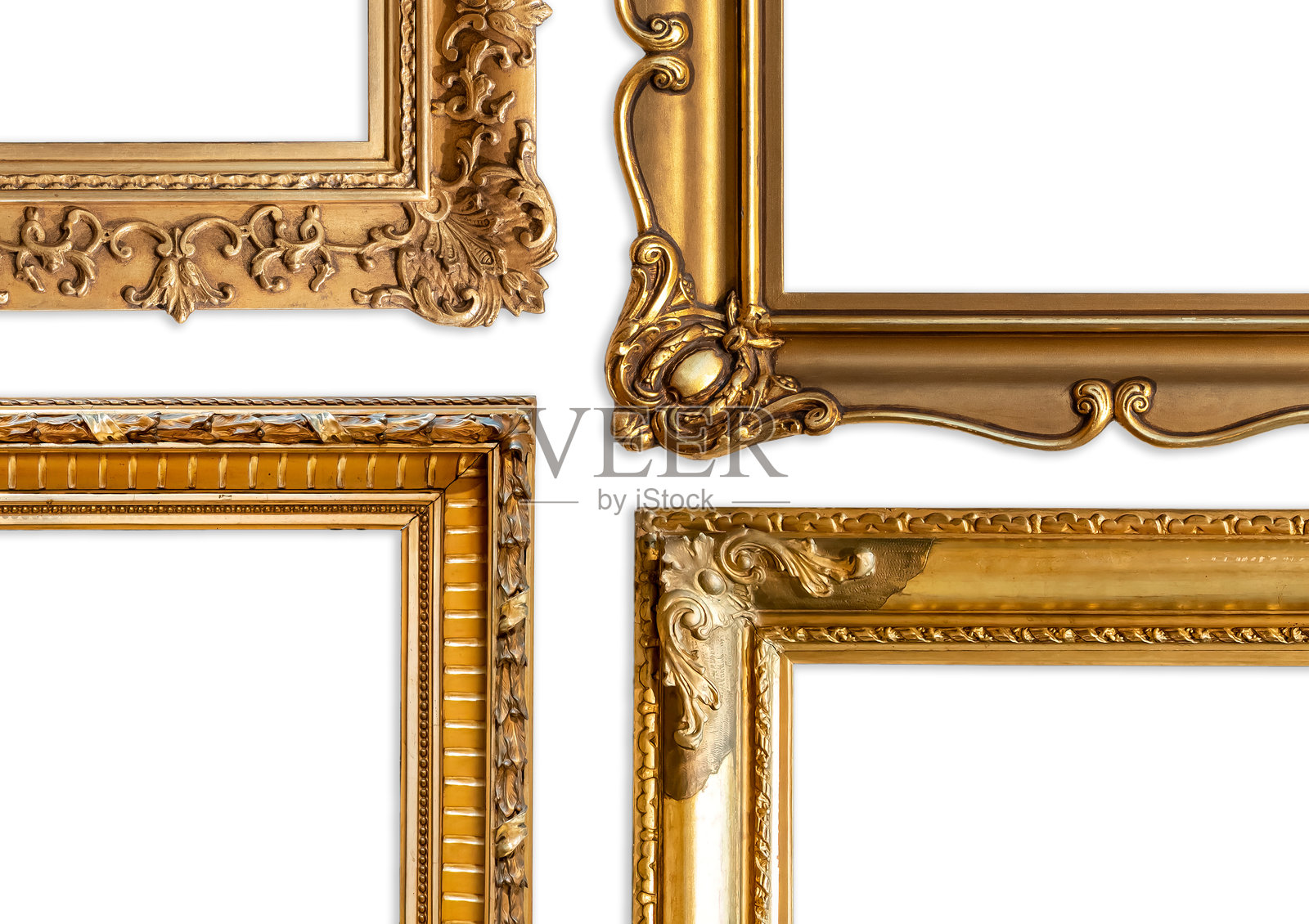 镀金色华丽雕刻画框的组合，白色背景。艺术展览，艺术品拍卖，奢华，艺术技能文化和历史遗产的抽象概念，无人。照片摄影图片